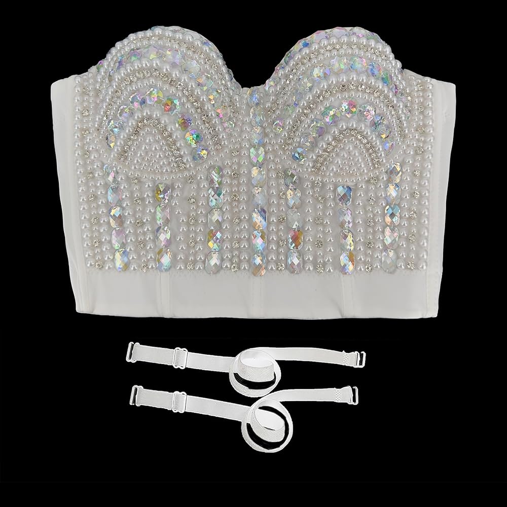 ELLACCI Women's Diamond Pearl Rhinestone Bustier Crop Top