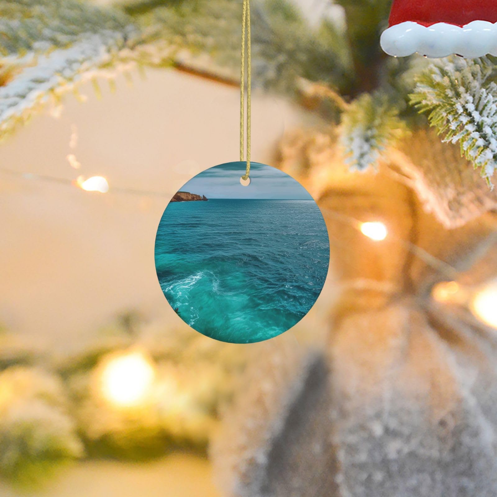 Christmas Tree Ornaments Ceramics Christmas Round Decorations Blue Ocean Ceramics Ornaments Circle Pentagram Xmas Tree Hanging Pendant for Christmas Tree Party Holiday Home Decor