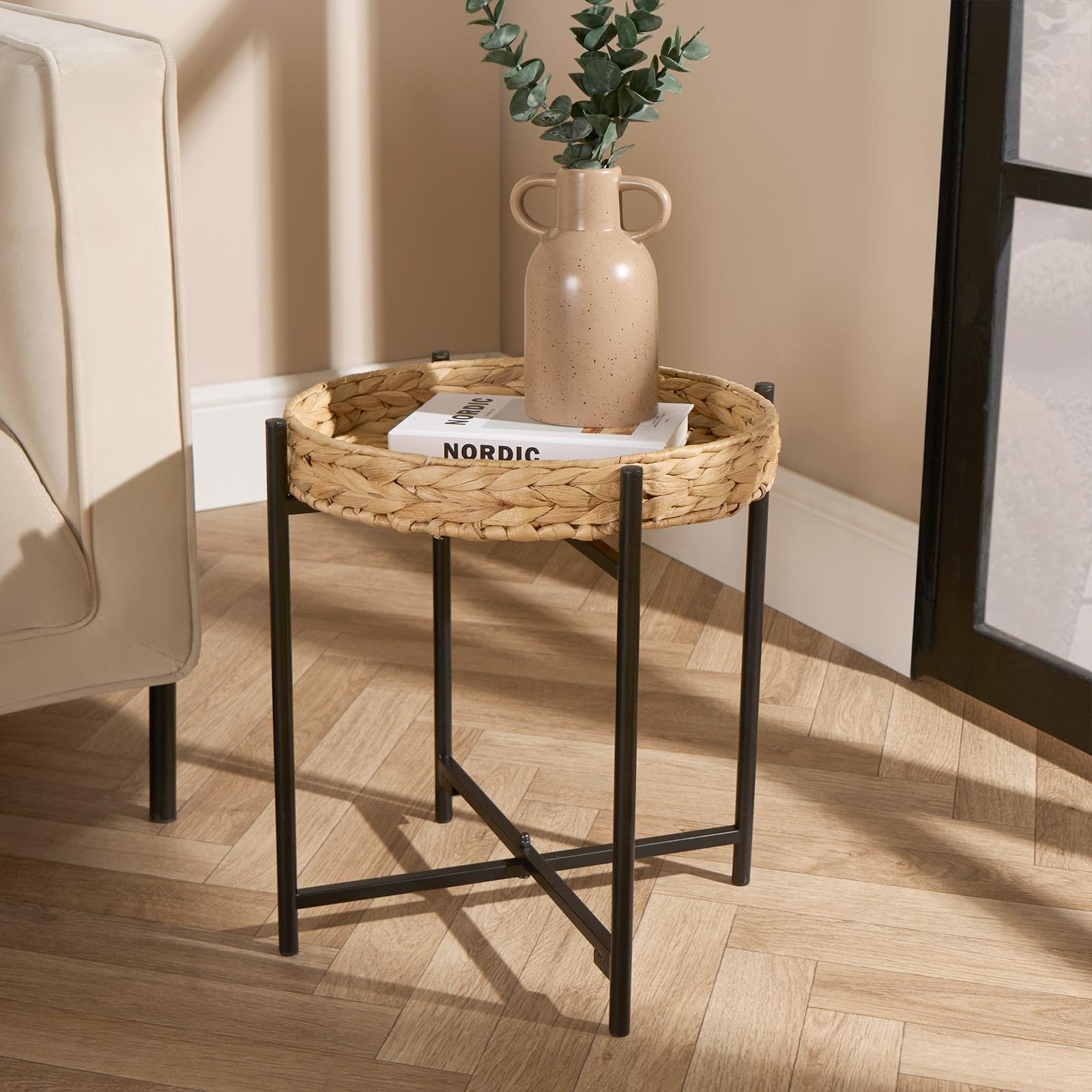 OHS End Table Living Room Rattan Removable Serving Tray Table, Black Metal Base & Natural Rattan Tray Top Coffee Table Decoration, One Size