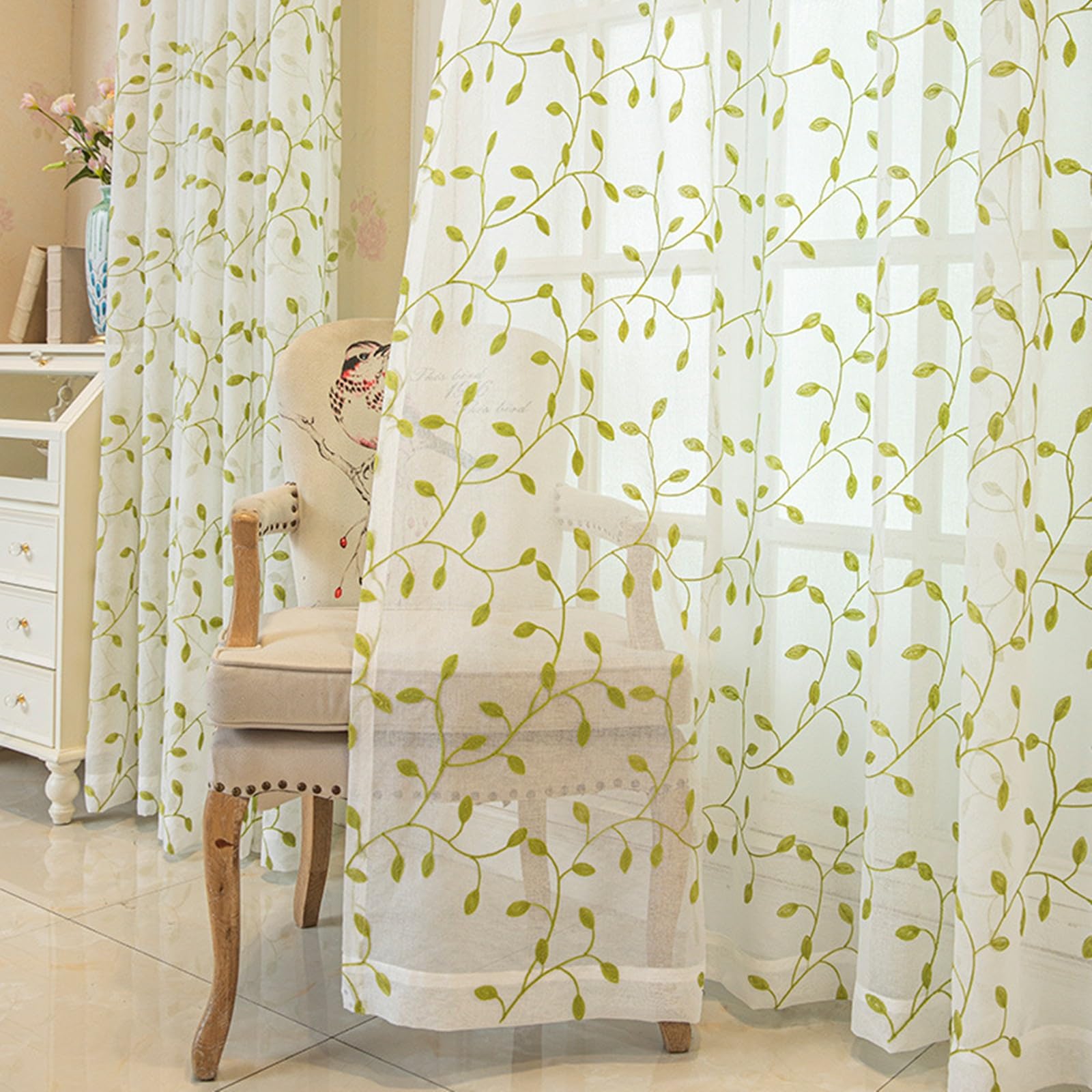 Voilage chambre brodé tamisant lumière pour fenêtre lot de 2