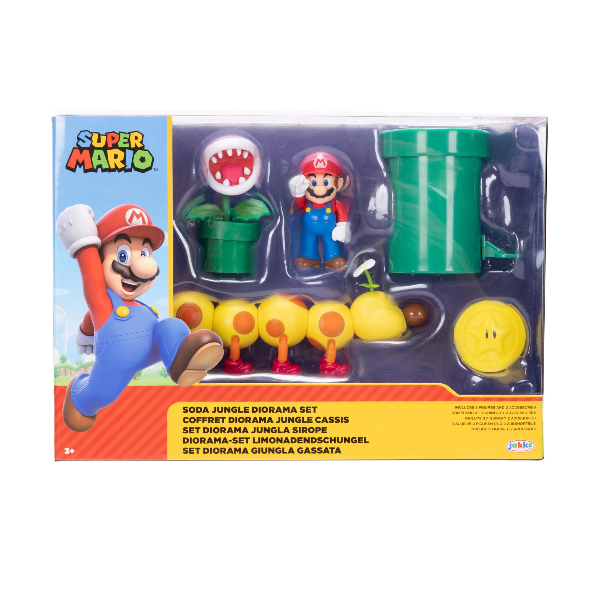 Nintendo Super Mario Soda Jungle Diorama comprend 3 figurines et 2 accessoires : Mario, Wiggler, Piranha Plant, Warp Pipe, pièce de monnaie à partir de 3 ans (sous licence officielle)