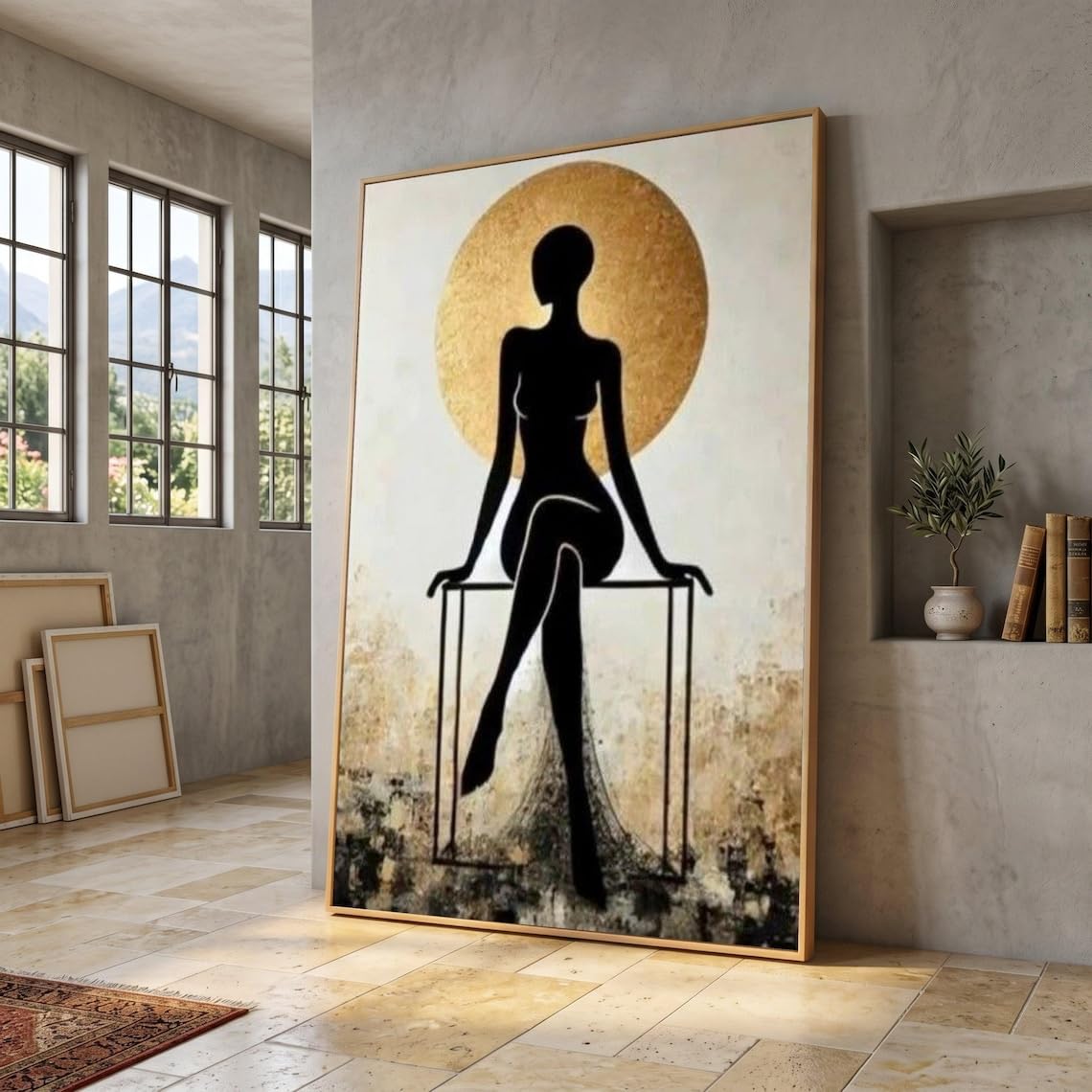 Tongyinli Frameless Abstract Silhouette Woman Canvas, Minimalist Painting Gold Circle Art, Contemporary Figure Prints(60X90cm/Frameless)