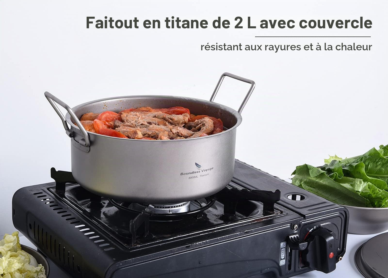 iBasingo Pot de camping 2L Marmite en Titane Holloware Portable Extérieur Intérieur avec Couvercle et Poignée Pliante Batterie de Cuisine Légère Pot à Soupe Grande Capacité Ti2054C