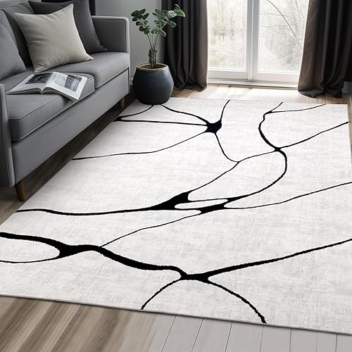 Miniatura 3 de YIHOUSE Alfombra abstracta de 6 x 9 pies, color blanco y negro, lavable para sala de estar, dormitorio, alfombra grande, moderna, antideslizante,