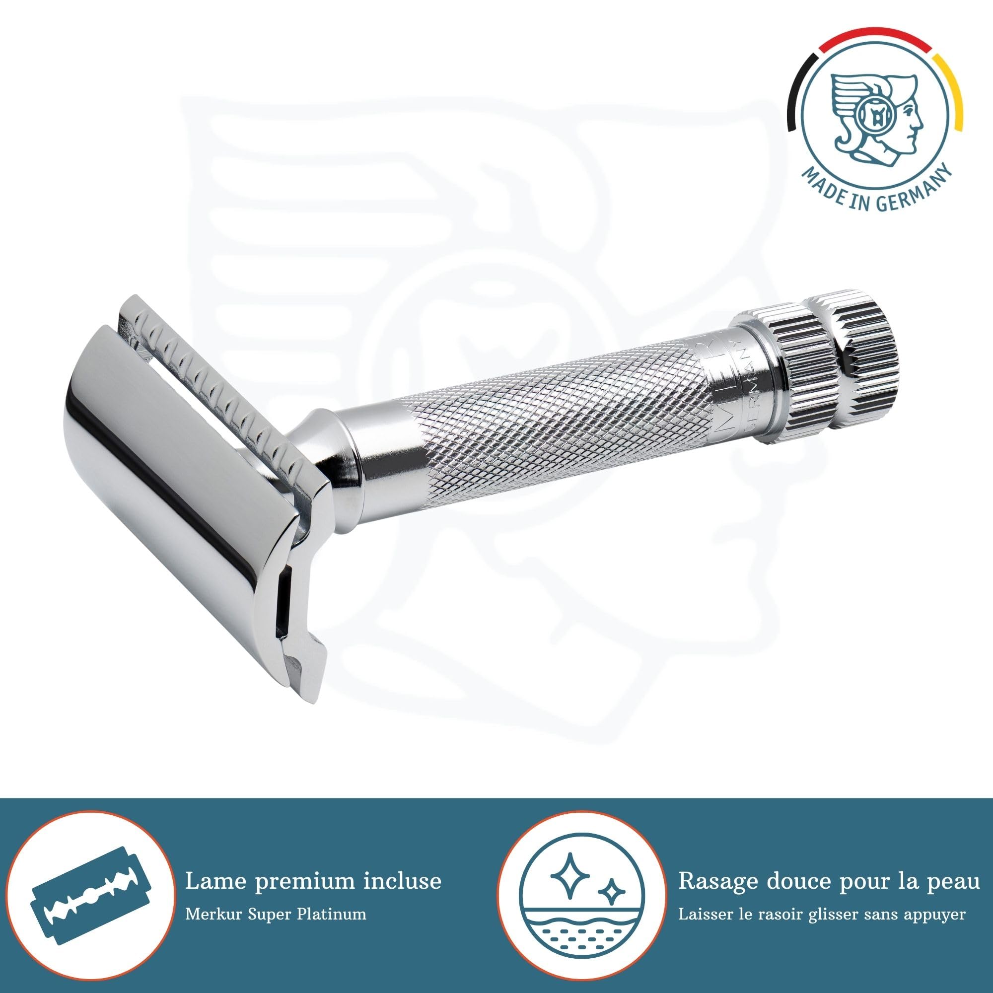 MERKUR 34C Rasoir de sûreté – Finition chrome brillant, manche court et lourd, conception en deux pièces, peigne fermé, rasage durable – Fabriqué en Allemagne