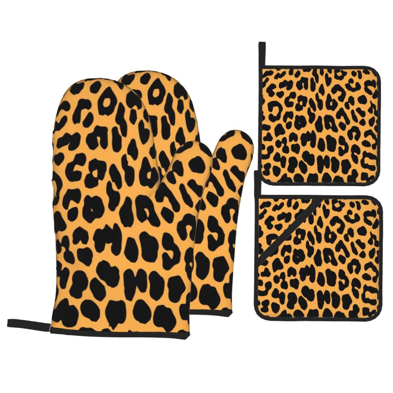 Leopard Print Print Stylish Heat-Resistant Oven 4-Piece Set Kitchen Gloves Roasting Daily Cooking