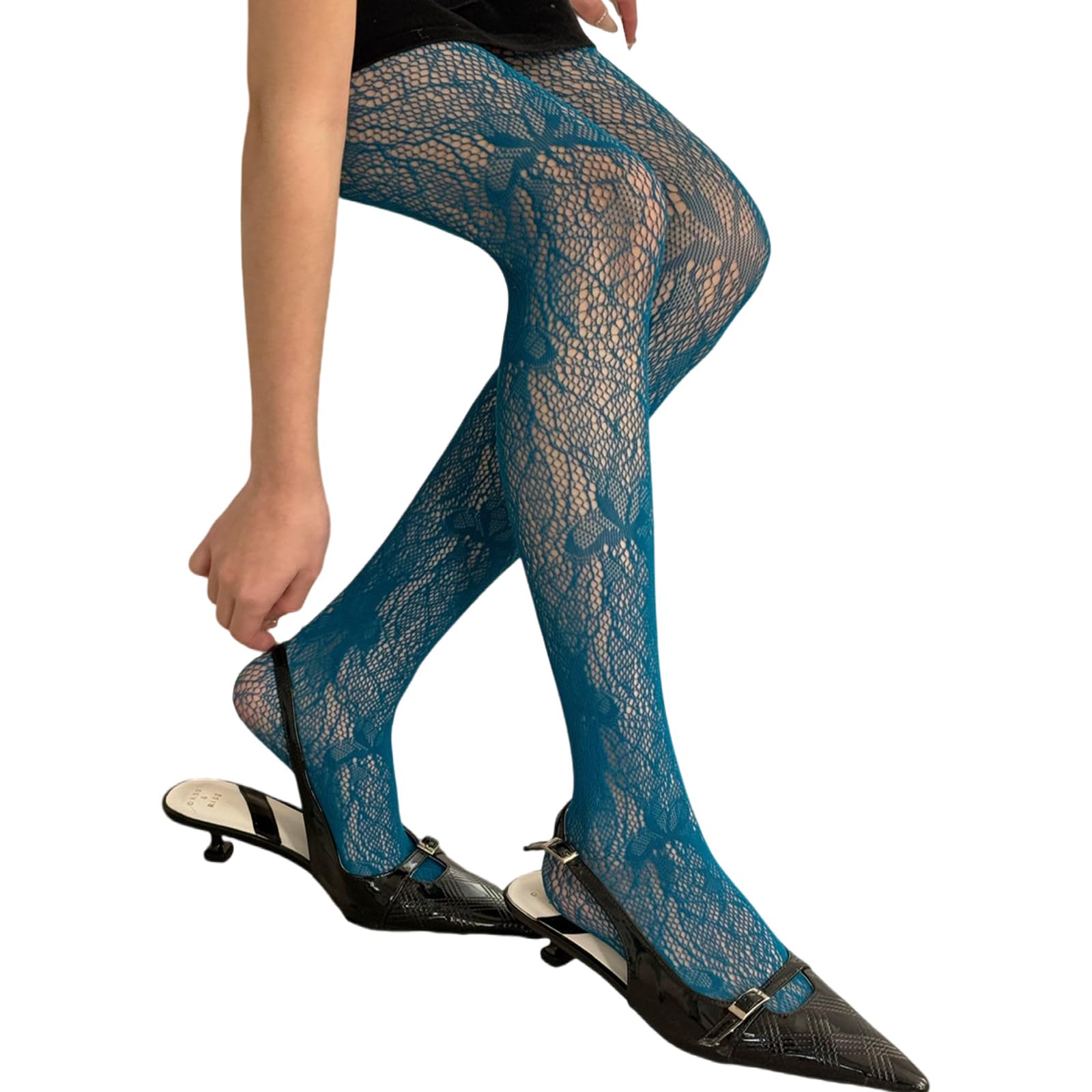 Nihenhao Women's Lake Blue Aesthetic Vintage Butterfly Fishnet Tights Stockings Hollowed Out Mesh Colorful Pantyhose Leggings
