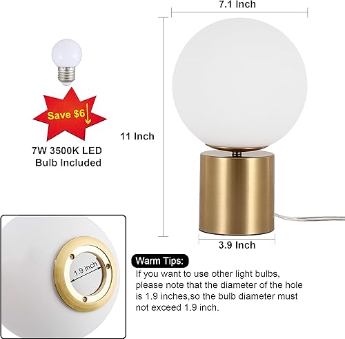 Miniatura 3 de Lámpara de mesa moderna de globo dorado de mediados de siglo, lámpara de mesita de noche redonda con pantalla de vidrio blanco, base de metal,