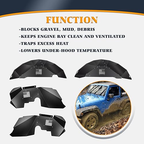 Miniatura 4 de Juego de guardabarros interior delantero y trasero de aluminio, patrón de moda compatible con Jeep Wrangler JK JKU Unlimited 2007-2018, color negro