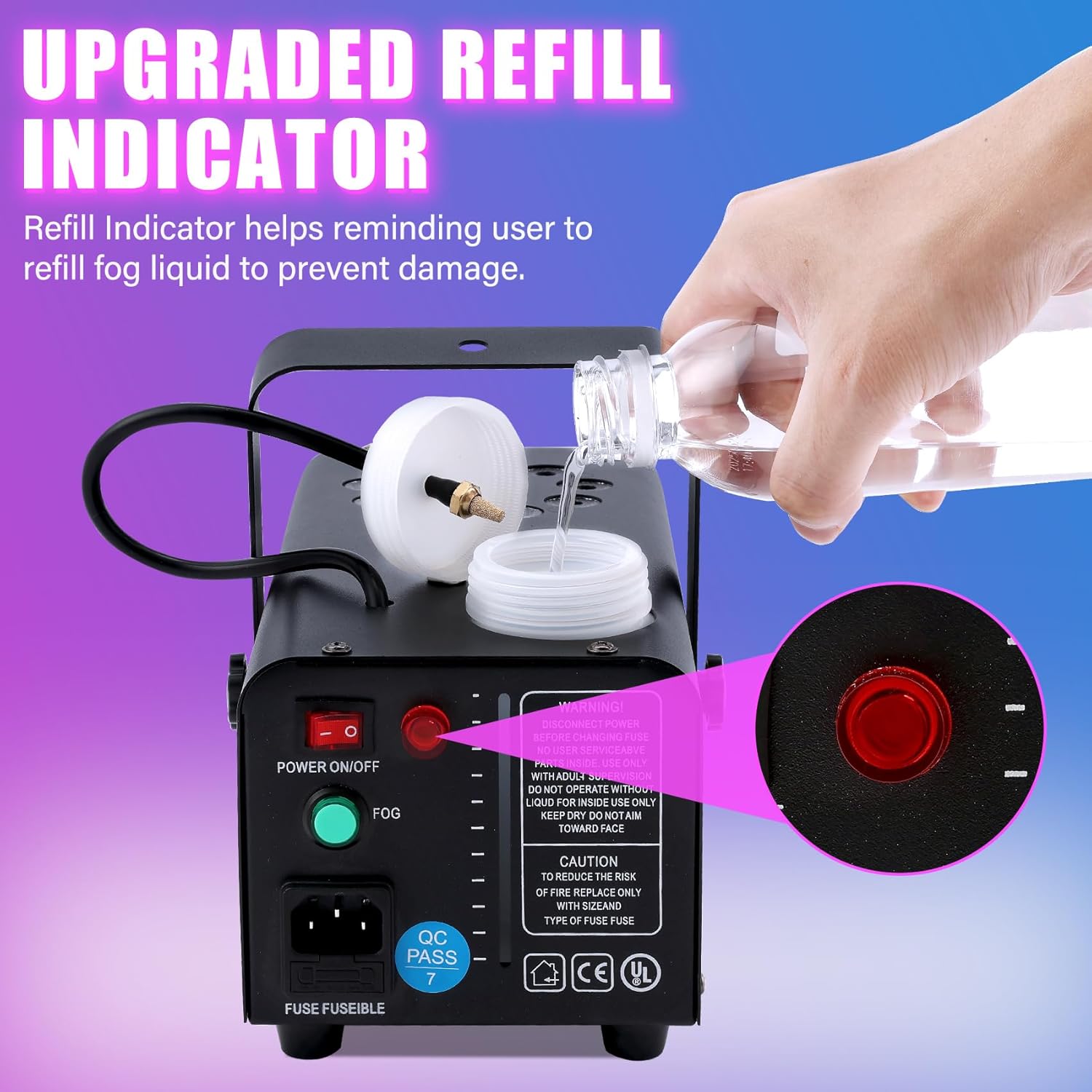 Hand pouring fog liquid into the TCFUNDY fog machine's tank, showing the refill indicator.