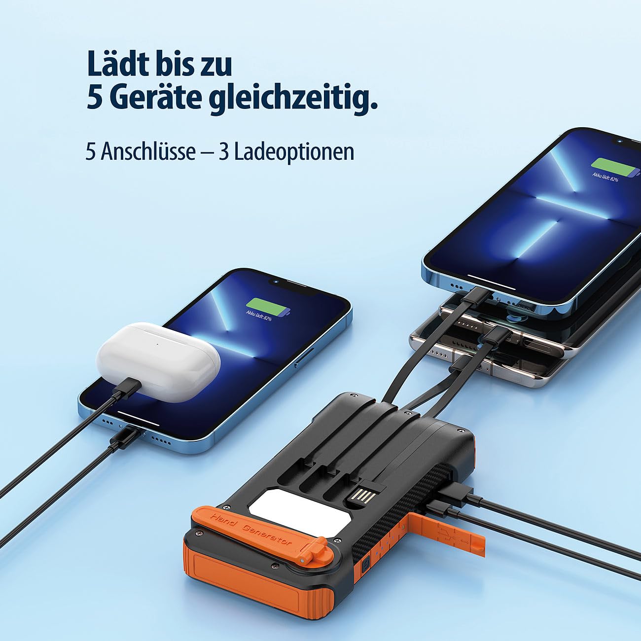 revolt Taschenlampen: 2er-Set Kurbel-Dynamo-Solar-Powerbanks, 10.000 mAh, USB-C PD bis 20 W (Powerbank mit Handkurbel, mit Lightning Anschluss, Outdoor)