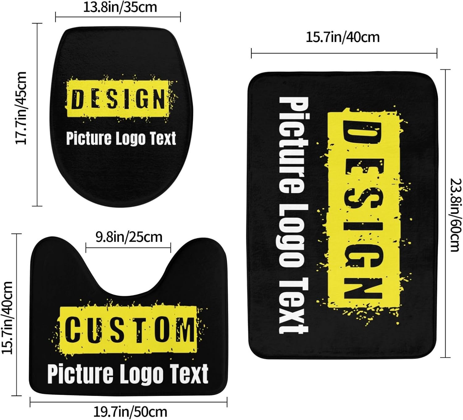 Custom 3 Piece Bathroom Rugs Design Image Logo Text Personalized Bath Mats Customized Non-Slip Bath Rug/U-Shaped Contour Rug/Toilet Lid Cover (24x16in) - Image 2