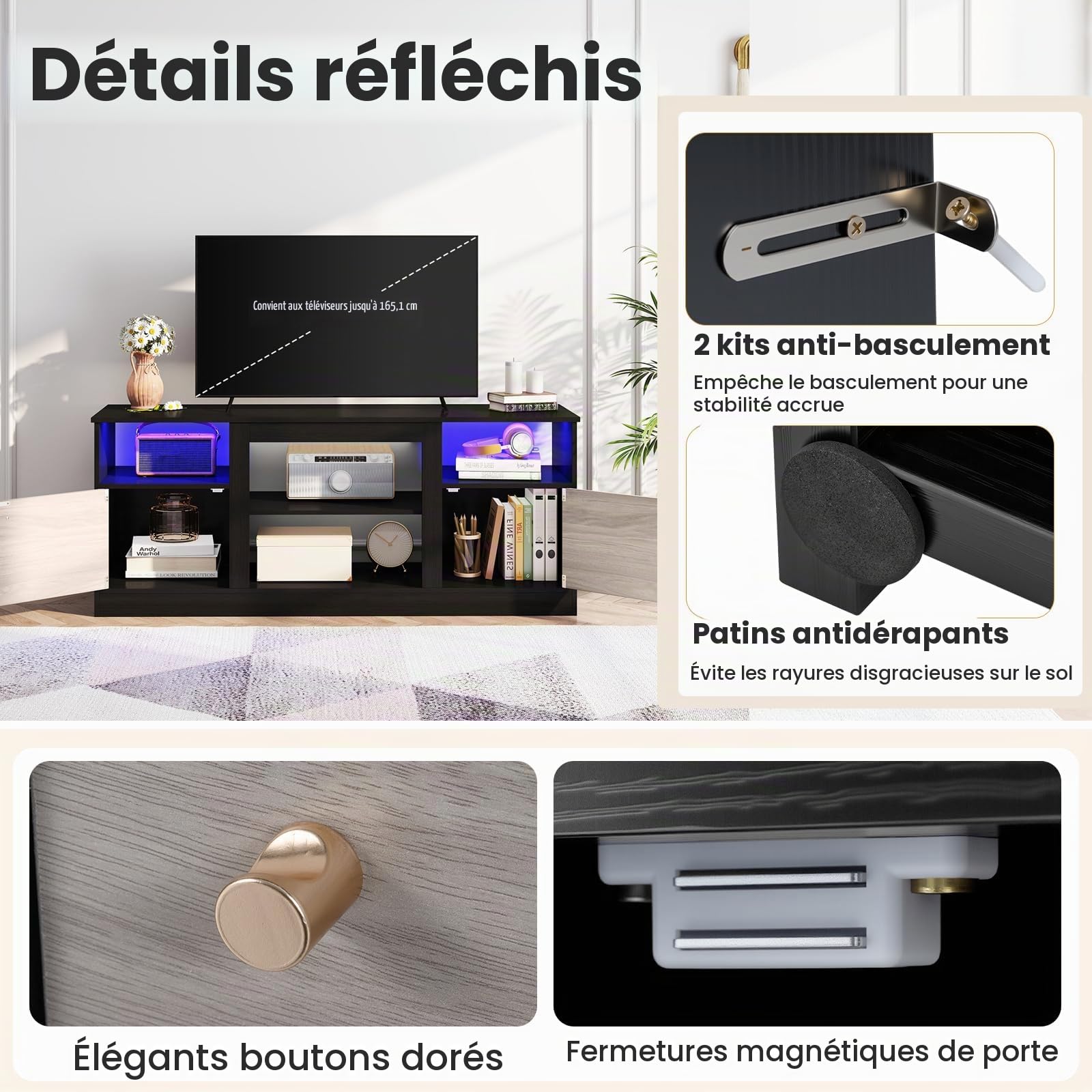 KOMFOTTEU Meuble TV avec LED, pour Téléviseurs 65 Pouces, 147 x 40 x 60 cm