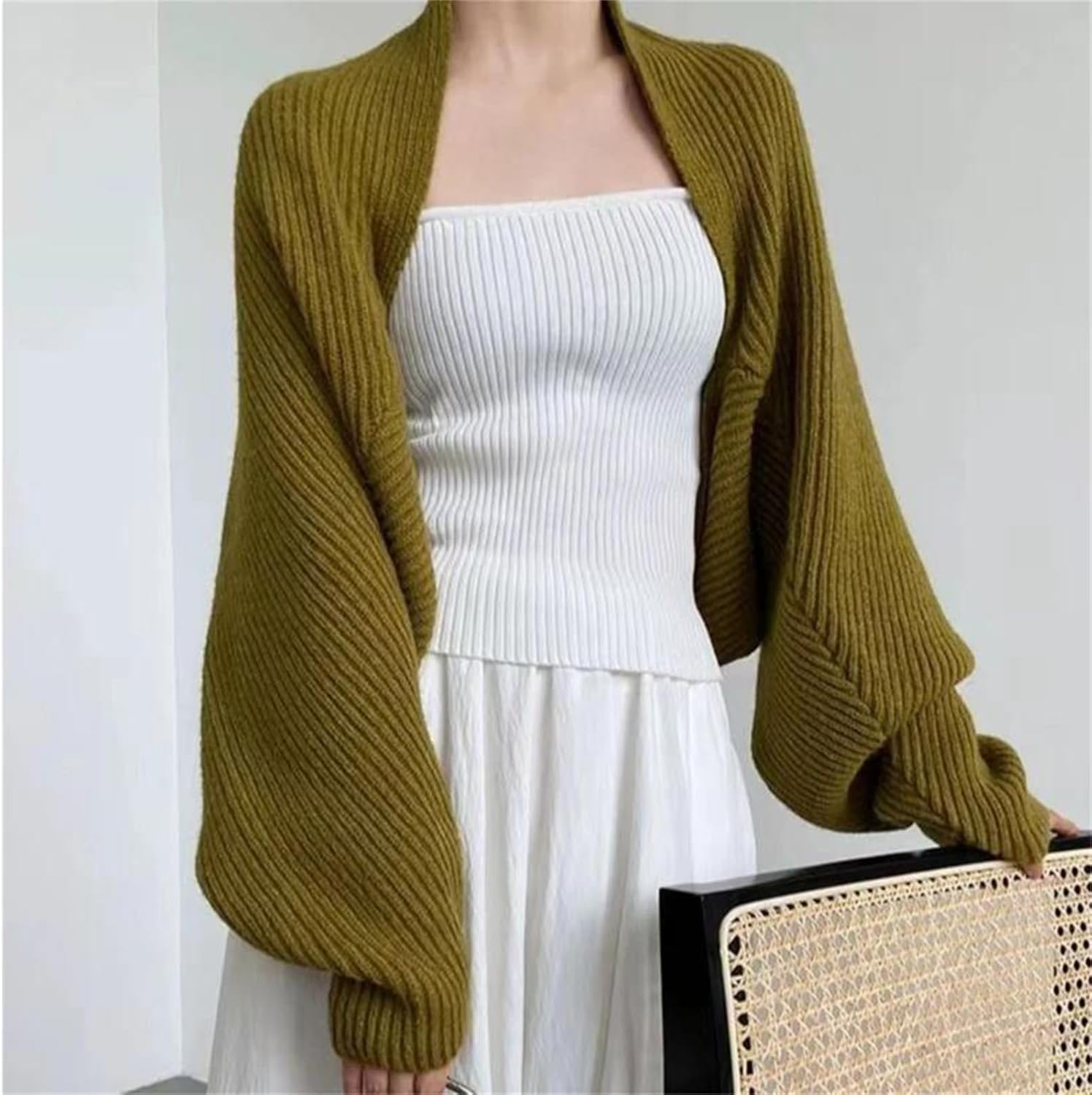 Women's Lightweight Solid Cropped Shrug Loose Fit Long Sleeve Open Stitch Full Opening For Dresses Sweater Knit Cardigan
