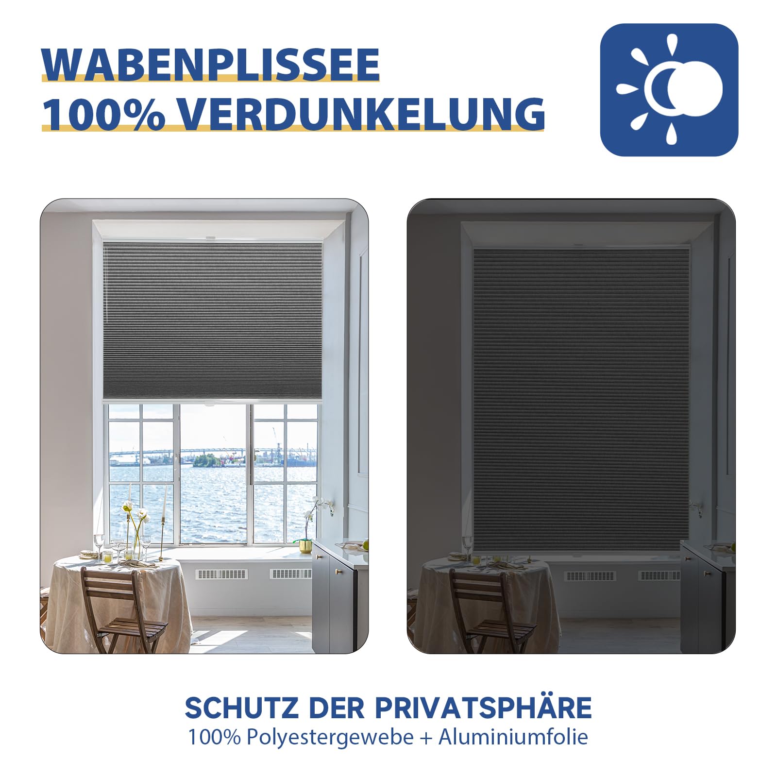 Sekey Wabenplissee Ohne Bohren Verdunkelung Rollo 100% verdunkelnd Blickdicht, Klemmfix, Aluminiumschiene, Grau, 80 x 200cm (BxH)