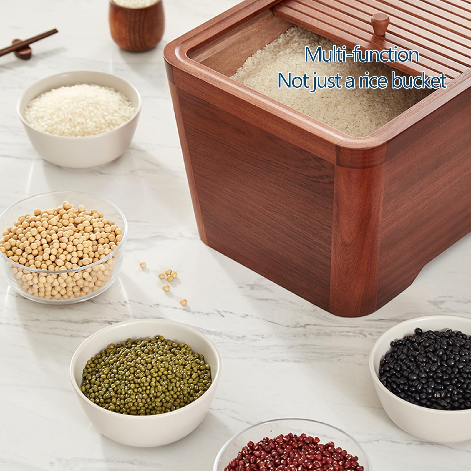 Contenitore per cereali in legno con dispenser per organizzazione dispensa da cucina, dispenser ermetico per cereali per pasta, riso, snack