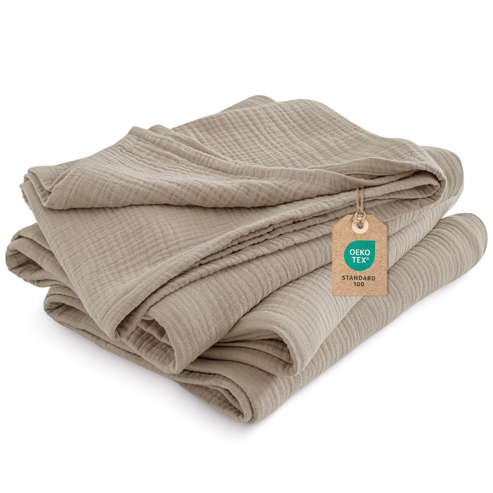 PHF 100% Cotton Muslin Throw Blanket Double Size 150x200cm, 4-Layer Ultra Soft Lightweight Breathable Gauze Blanket for Summer, Elegant Home Decoration for Couch Sofa Bed, Taupe