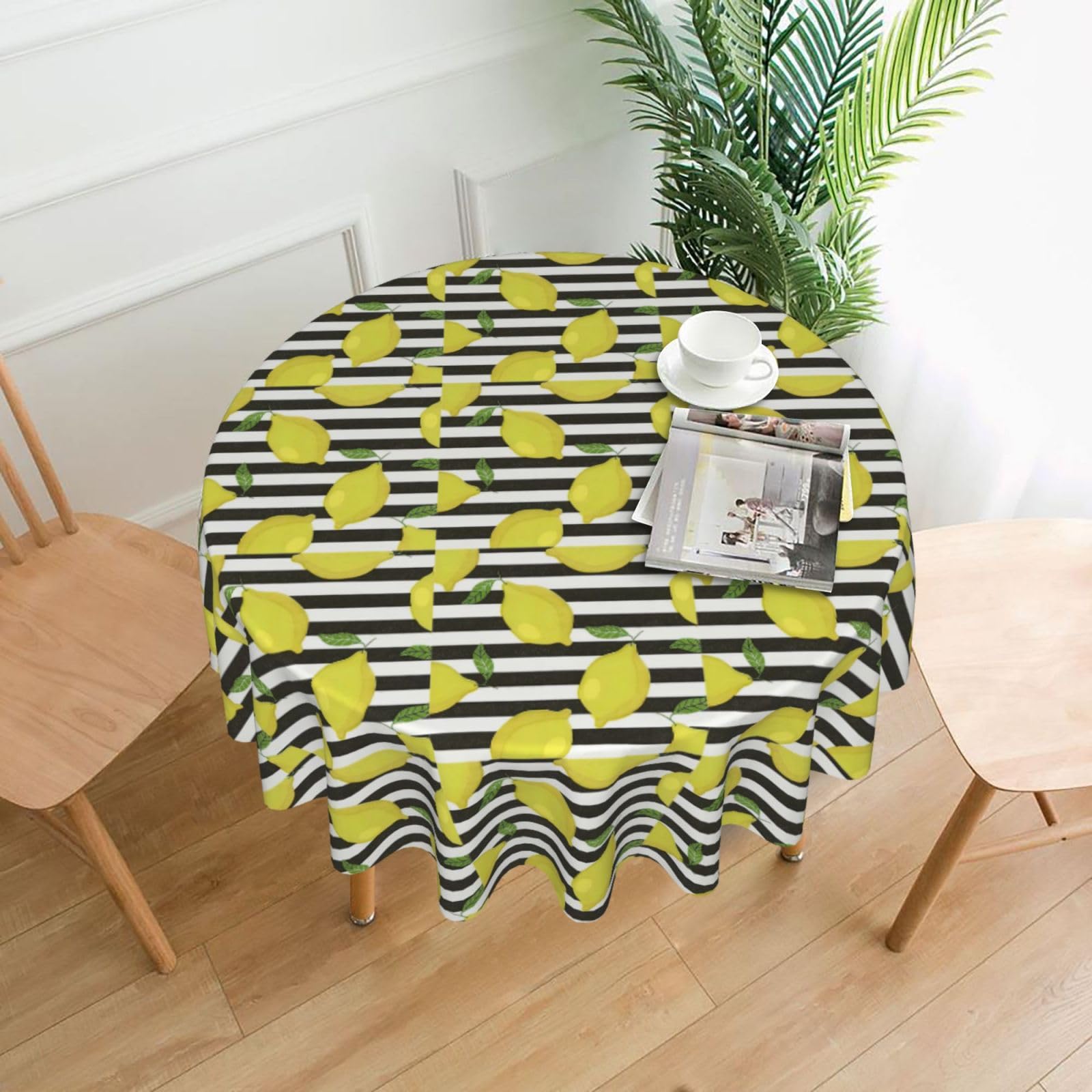 Nbtghga Blue Stripe And Lemon Print Tablecloth Round Border Table Cloth Cover Decorative For Party Holiday Dinning Tabletop Home
