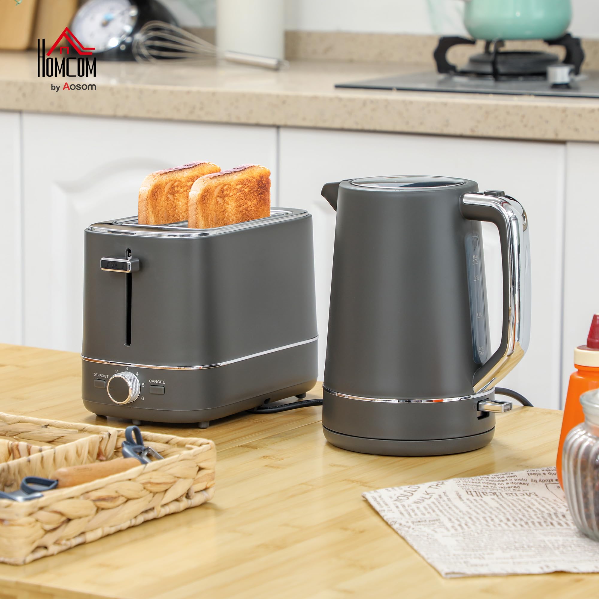 HOMCOM Set di tostapane per bollitore elettrico, 2200 W, 1,7 l, 2 fette, 6 livelli di doratura, riscaldamento e scongelamento, set per la colazione con filtro anticalcare e scomparto per briciole
