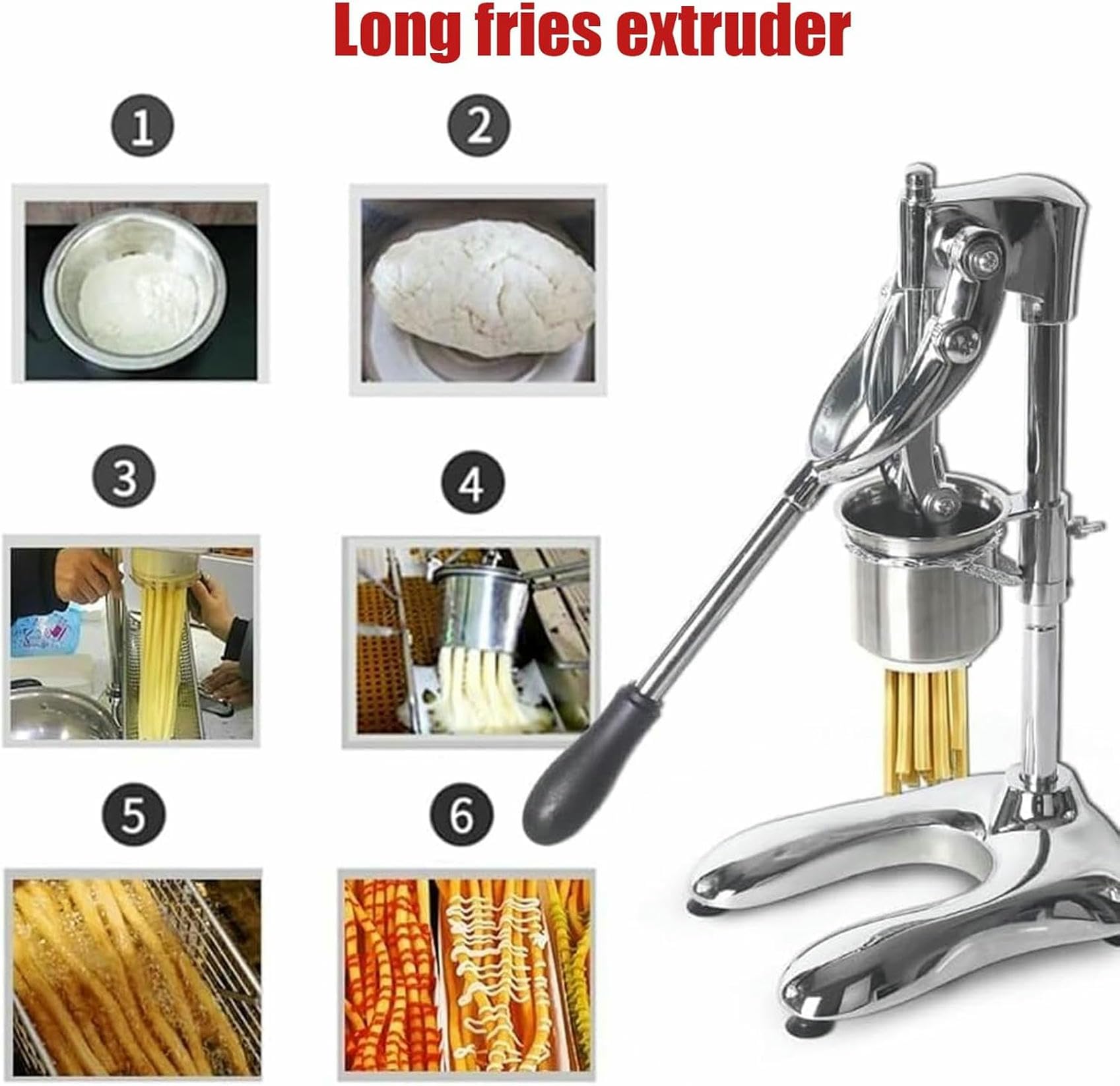 Cortador manual de patatas fritas, 30 cm de largo, con extrusor de acero inoxidable con 12 agujeros y cesta para freír patatas fritas perfectamente formadas