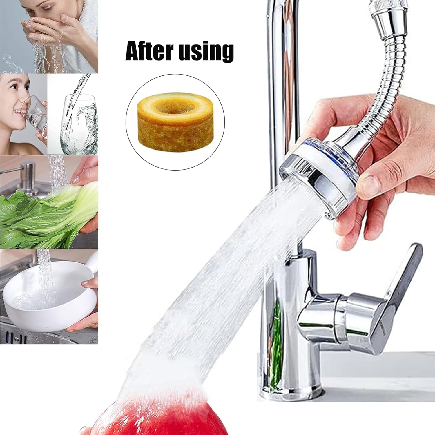 Filtro Purificador de Agua para Grifo 360° Rotatorio - Para Cocina y Baño, con Tubo Extensible, Elimina Cloro, Fluoruro, Metales Pesados y Cal (Agua Dura)