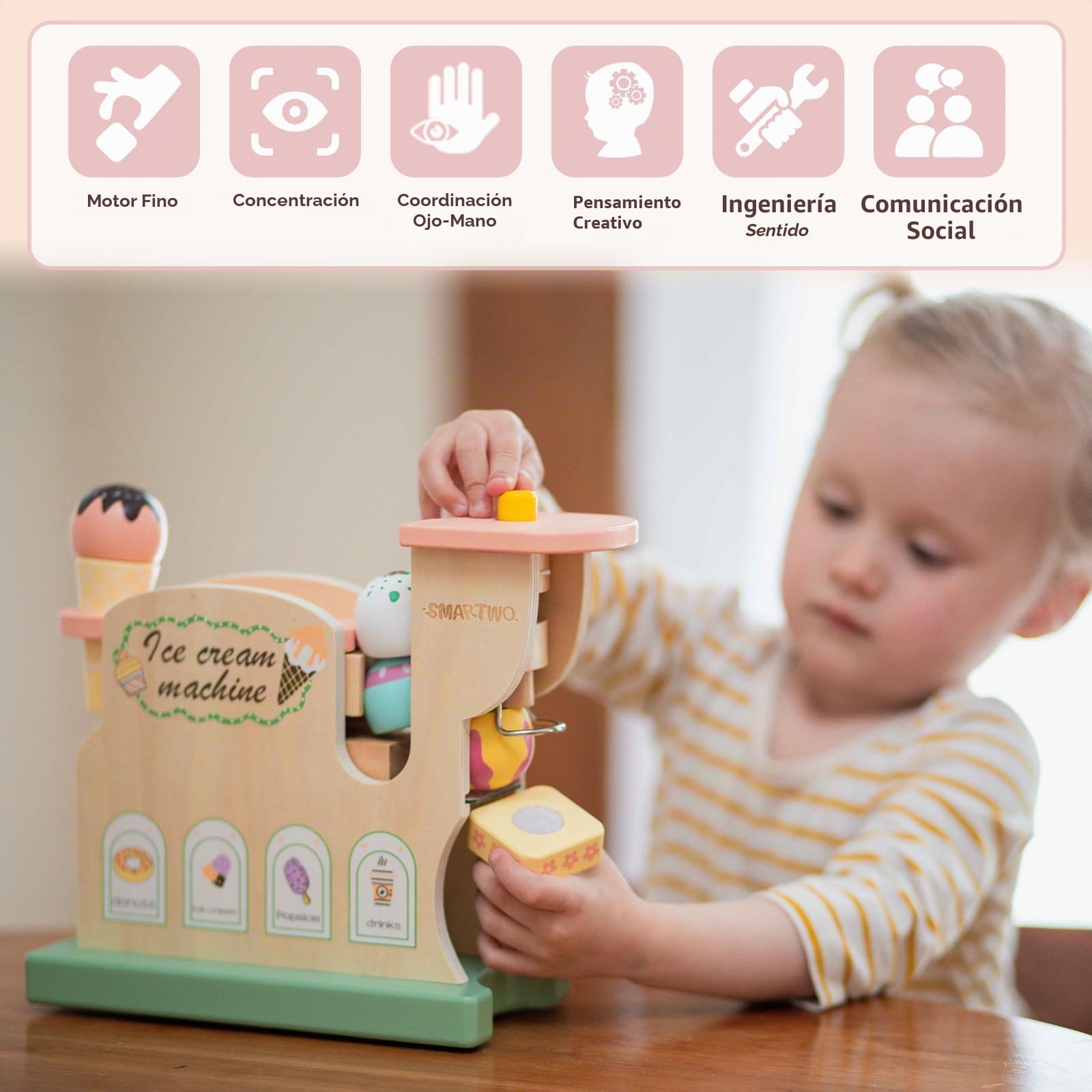 Heladero Juguete de Madera, Fingir Hacer Helado, Juguetes de Comida Helada, Accesorios de Cocina Montessori Infantiles, Regalo para Niñas Niños de 3 4 5 6 Años, Juego de Imitación Creativo