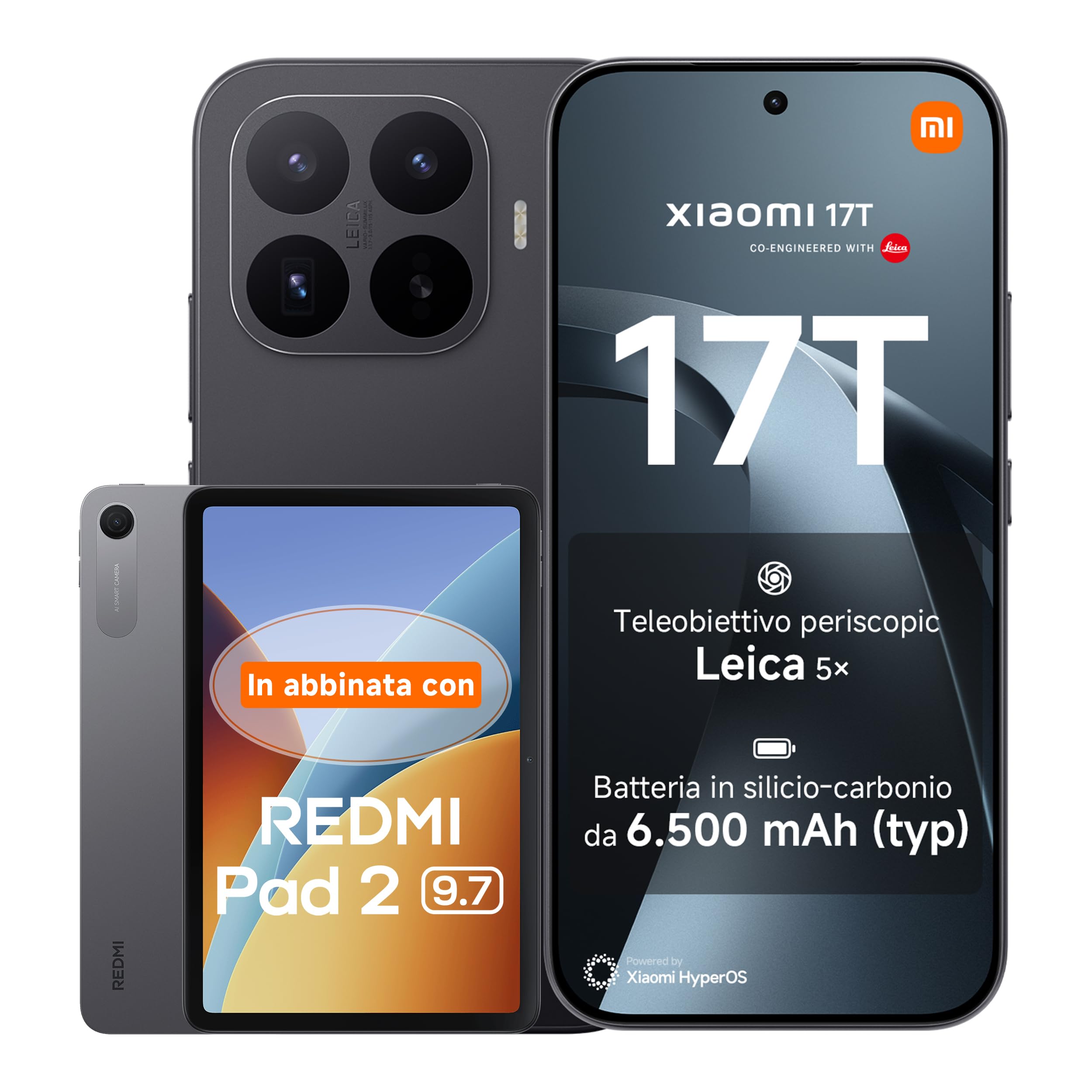 Xiaomi 17T, Smartphone 12+512GB, Display Eye-Care da 6,59" 120Hz, Batteria 6500mAh(typ), Teleobiettivo Leica 5x, 67W HyperCharge, MediaTek Dimensity 9500, Black, Garanzia 3 anni+REDMI Pad 2 9.7' 64GB