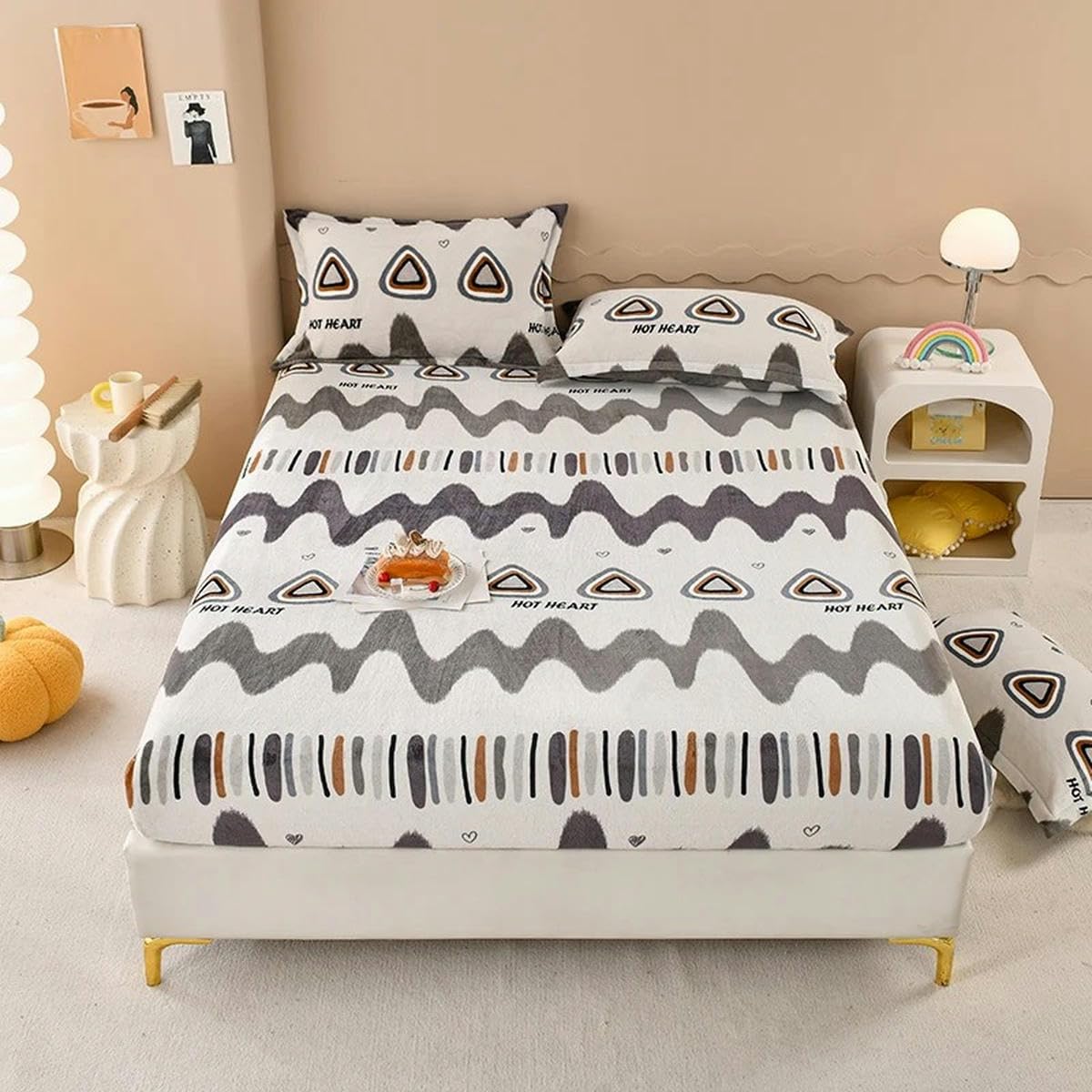 Juego de sábanas ajustables geométricas verdes súper cálidas de 3 piezas para el invierno, sábana de terciopelo con diseño de oso de dibujos animados para niños y niñas, funda de cama de 90 x 200 cm x