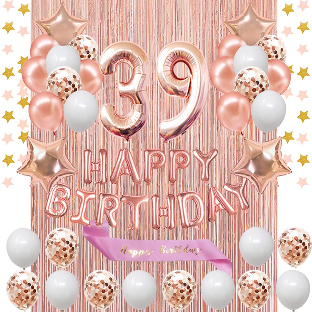 Fancypartyshop 39th Birthday Decorations - Rose Gold Happy Birthday Banner and Sash with Number 39 Balloons Latex Confetti balloons Ideal for Girl and Women 39 Years Old Birthday Rose Gold