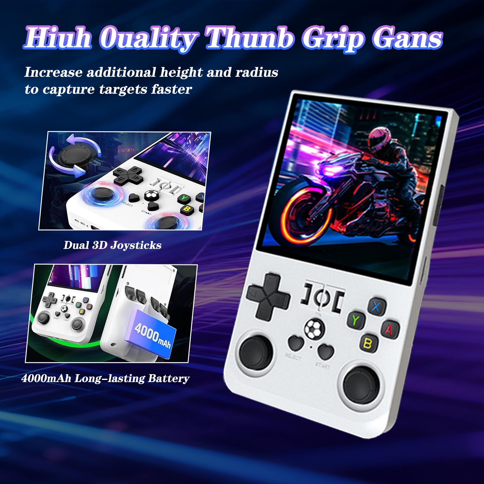 R36MAX - Console di gioco retrò, portatile, ricaricabile, portatile, 4000 mAh, comoda, antiscivolo, con auto TF 64G, schermo da 4", per ufficio, bianco