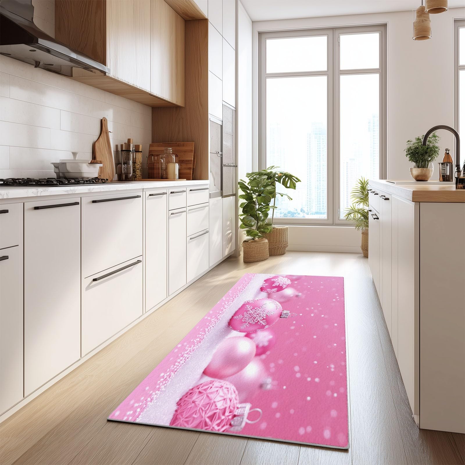 Generico Tappeto da Corridoio Antiscivolo 60 x 180 cm, Tappeto Passatoia Tema Natalizio Pelo Corto Palline Di Natale Rosa Fiocchi Di Neve per Corridoio Ufficio Entrata Casa Cucina da Ingresso