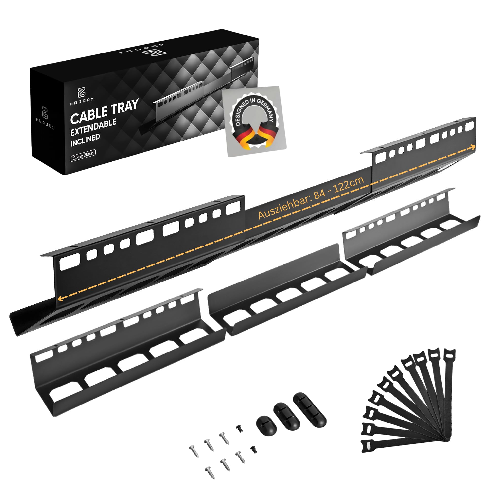 2GOODz Kabelkanal Schreibtisch, geneigt/ausziehbar 84–122 cm | leichter Zugang - einfache Montage, stabiler Stahl, incl. Zubehör