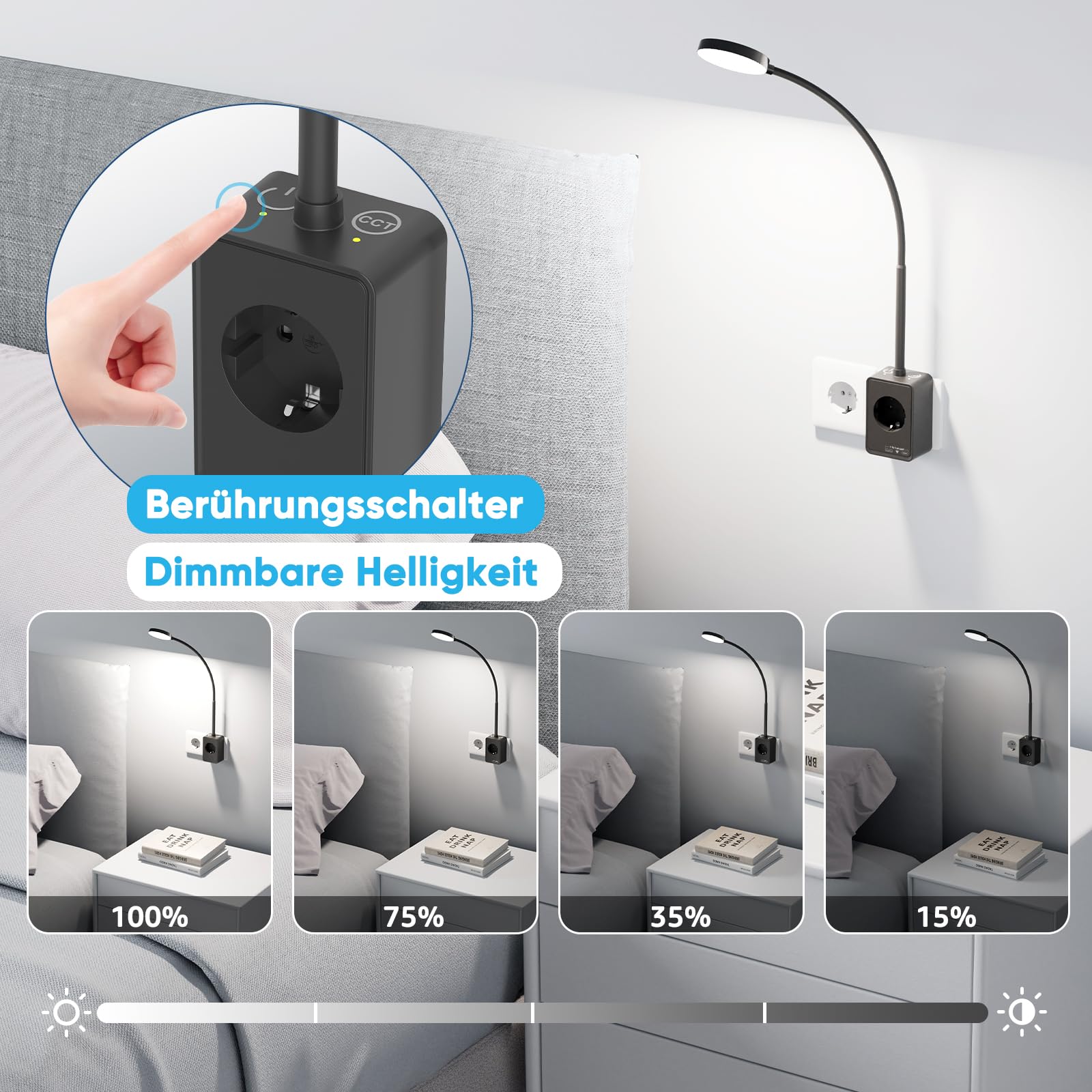 LED Wand Leselampe Bett Schwanenhals Dimmbar Schwarz Innen mit Stecker, Steckdose und USB Anschluss, 2er Pack Steckdosenlampen LED, Zwei Berührungsschalter, 3er Lichtfarben Modi