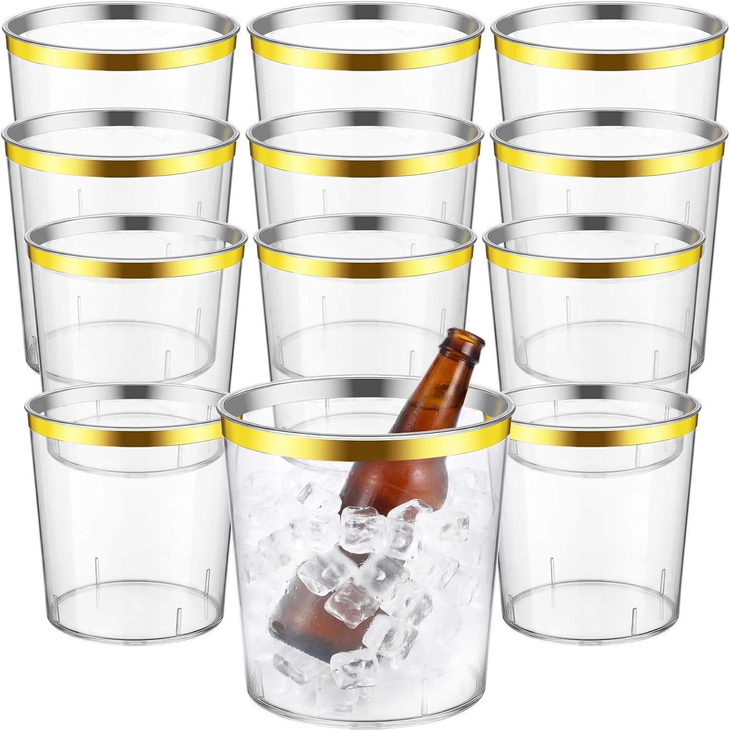 Ice Buckets Bulk, 6 Liter Plastic Round Ice Buckets, Disposable Storage Drink Tub or Party Bar Wine Beer Champagne Beverage Bottle Cooler(Clear,Gold Rim,12 Pcs)
