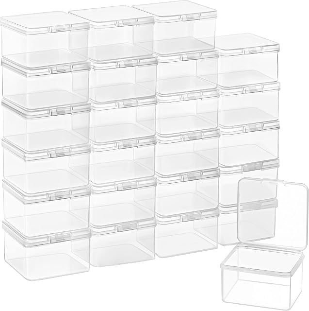 BELLE VOUS Small Clear Plastic Storage Box Containers with Hinged Lid (24 Pack) - L6.2 x W6.2 x H4cm / 2.44 x 2.44 x 1.57 Inches - Mini tub Boxes for Pills, Beads, Jewellery & Craft Items