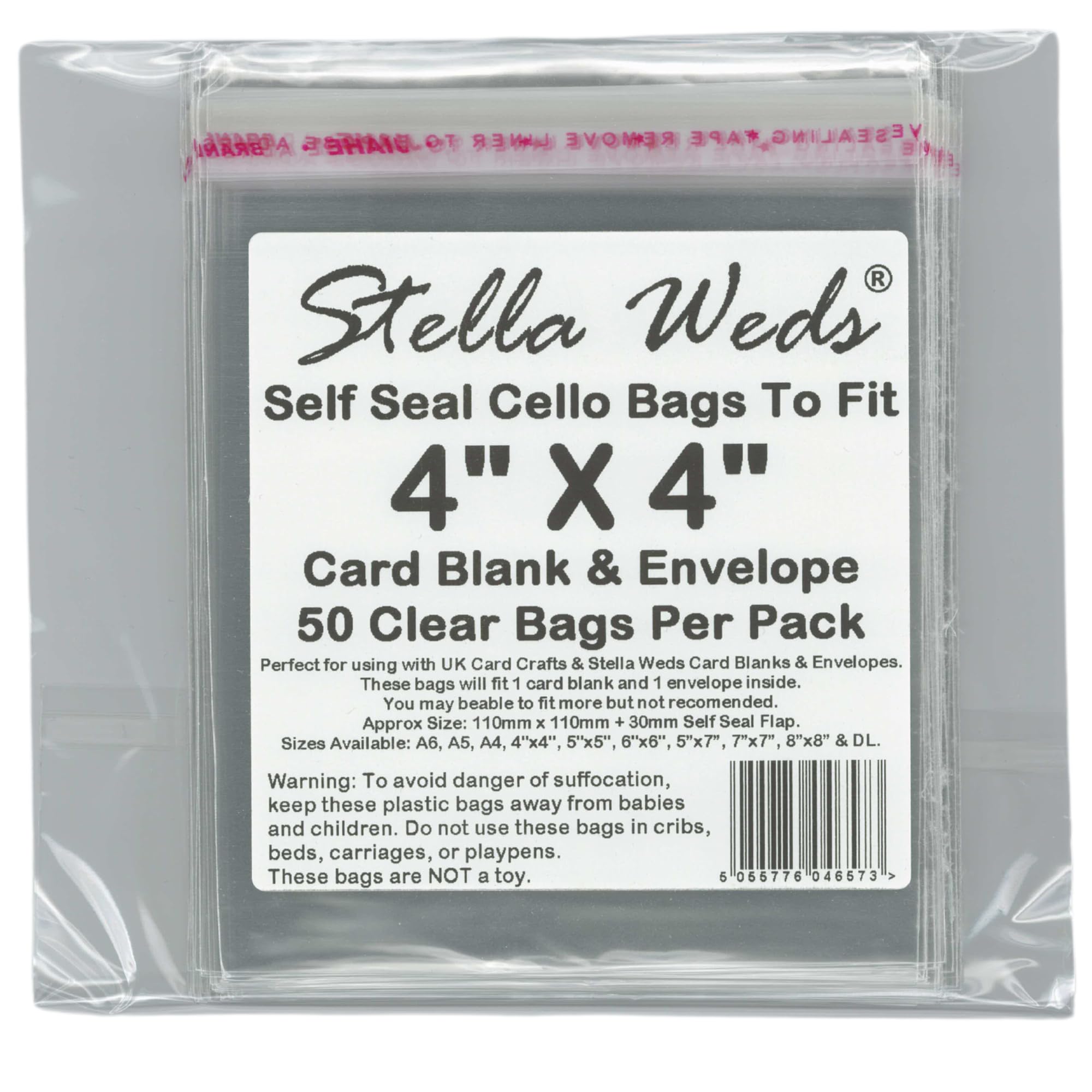 Stella Weds Clear Self Seal Bags To Fit 4X4 Card Blank & Envelope X 50 Per Pack - Cello Packing Bags, Cookies, Sweets, Gifts, Jewellery