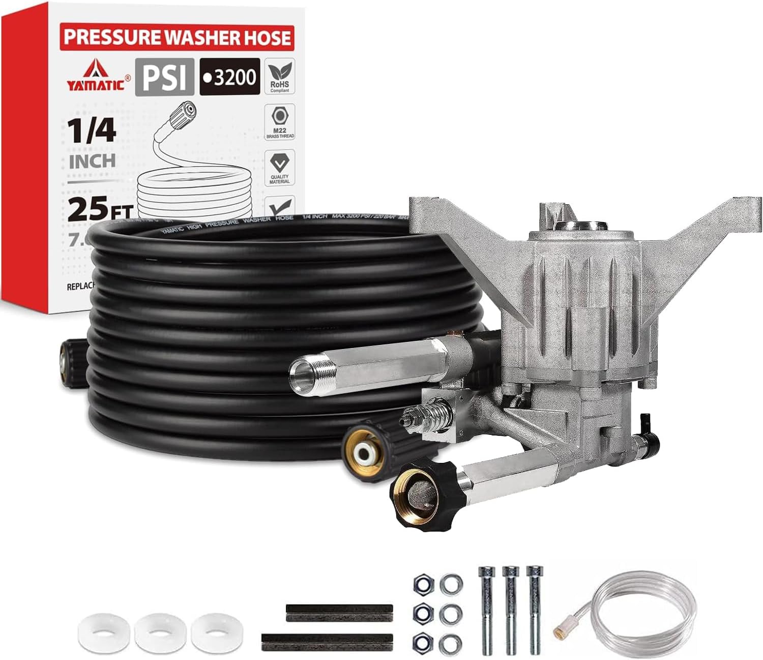 YAMATIC 7/8" Shaft Vertical Pressure Washer Pump, 2200-2500 PSI @2.2 GPM & Pressure Washer Hose 50 FT 1/4" Kink Free M22-14mm Brass Thread, 3200 PSI