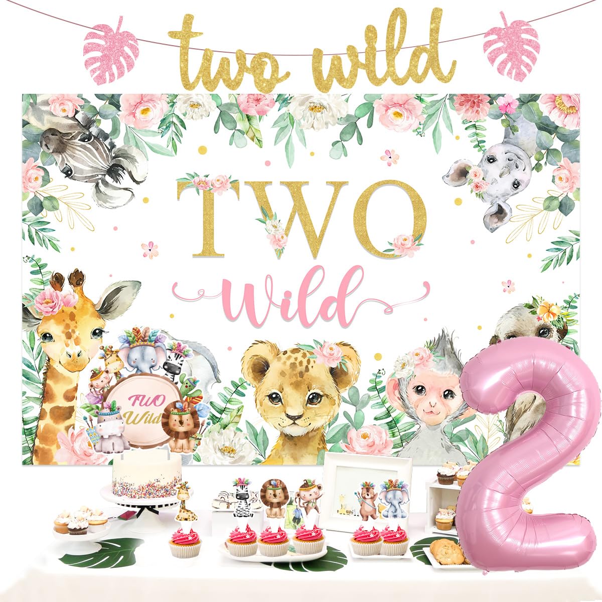 Sursurprise Safari Decorazioni per il 2° compleanno per ragazzo ragazza, verde salvia marrone due bandiere triangolari sfondo selvaggio, palloncino giraffa 2 ° leopardo della giungla, forniture per