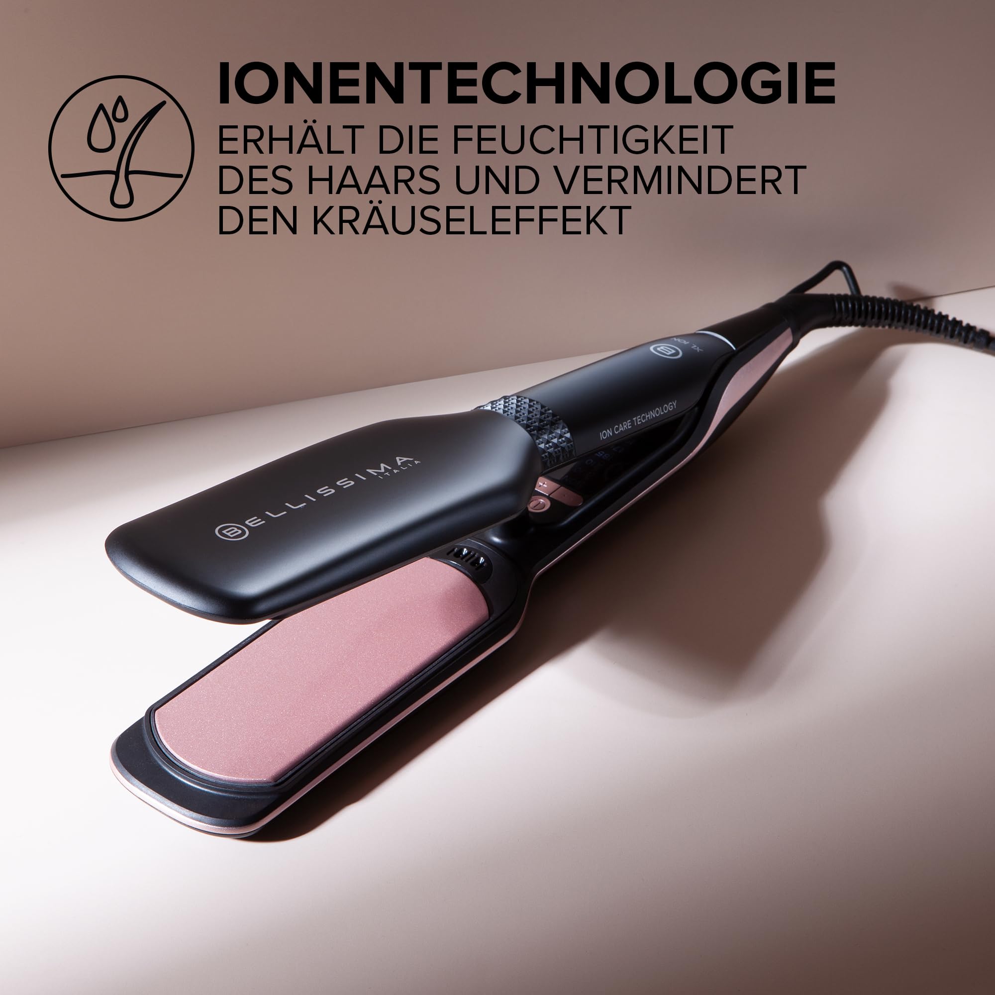 Bellissima XL ION, Haarglätter, breites Glätteisen, Ionisator, konstante Hitze, Keramik- und Keratinbeschichtung, 5 Temperaturen von 150 bis 230°C, Schnellaufheizung, 1.8 m Kabel