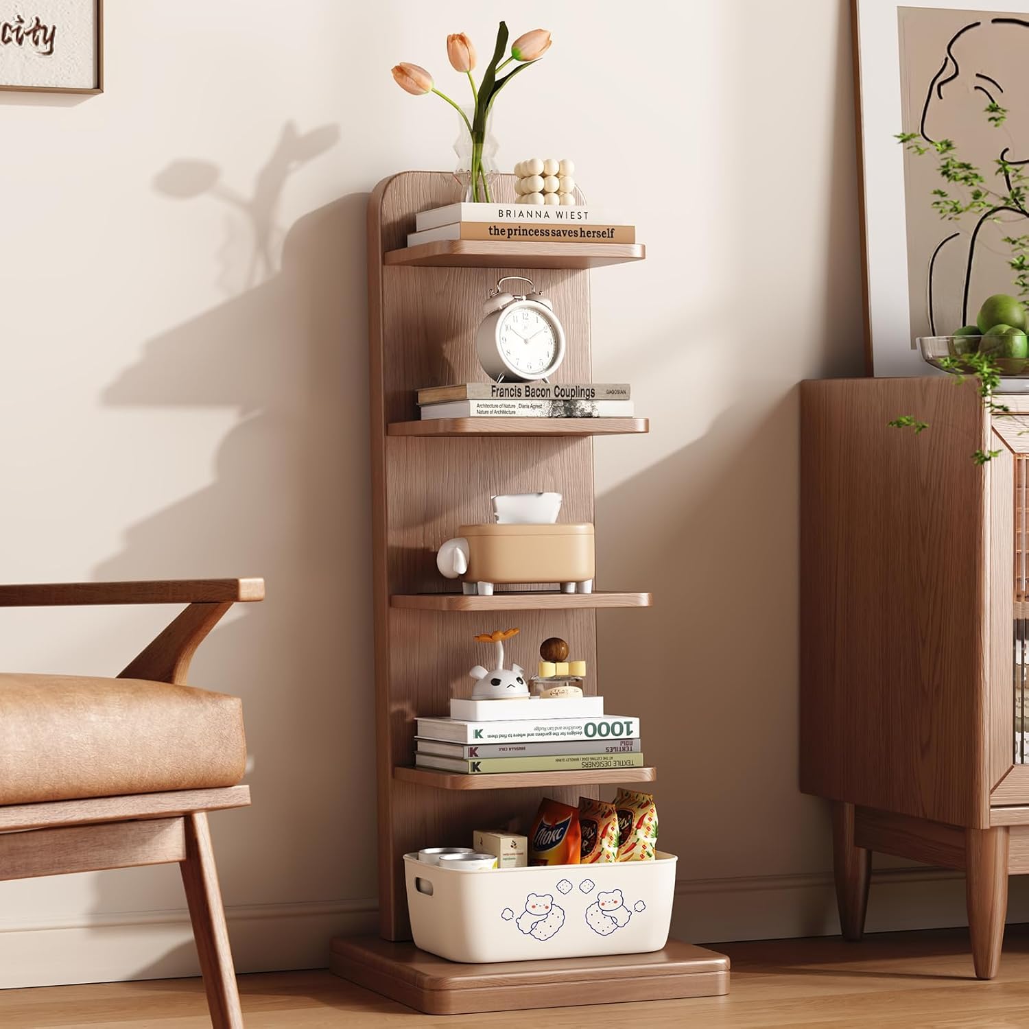 WoodsWhisper Narrow Bookshelf Ladder Bookshelf 5 Shelf Bookcase, Mid Century Modern Bookcase with Freestanding Display Shelves,Anti-tip Device and Thickened Base for Small Space,Living Room, Office