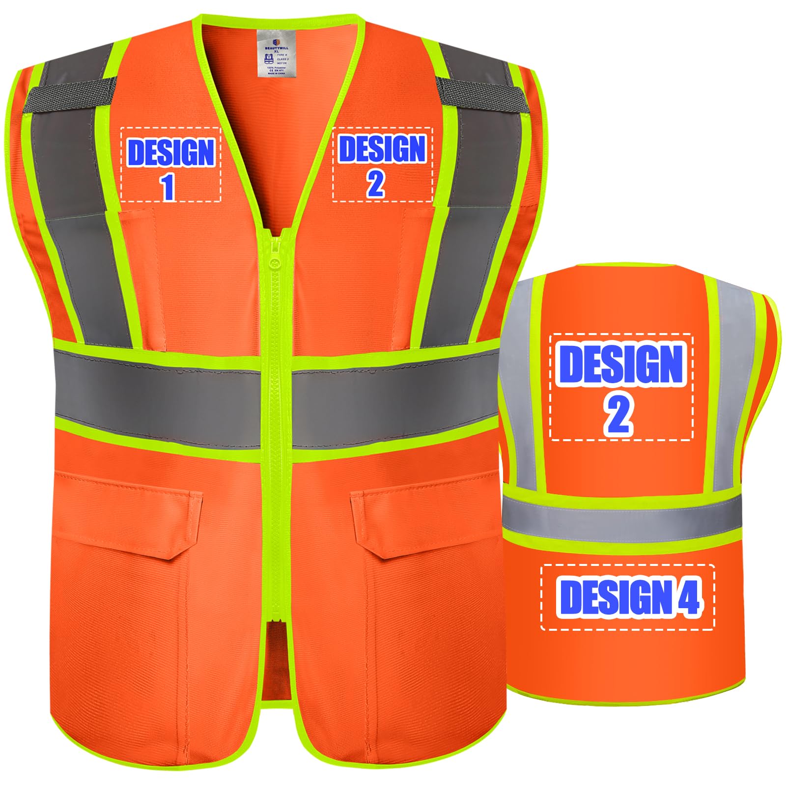 BeautyWill Custom Safety Vest Customized Logo Class 2 High Visibility Reflective Vest with Pockets Construction workwear