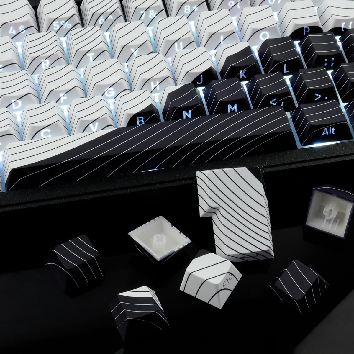 Tsungup PBT Keycaps,White & Black Topographic 128 Keys Shine Through Side Print Keycaps 75 Percent,Dye-Sub Custom Cool Keycap Set Cherry Profile Key caps for Gateron MX Switches Mechanical Keyboard