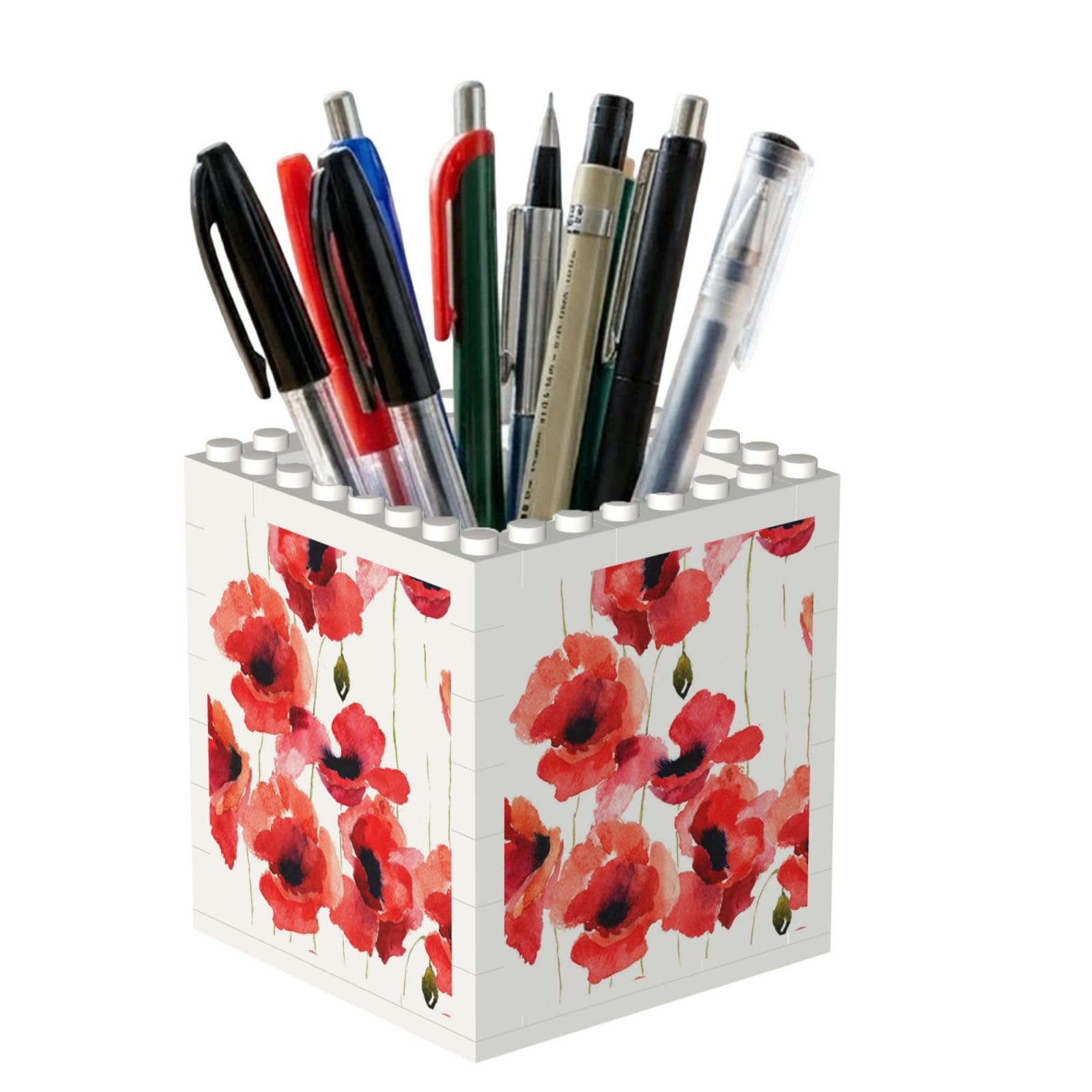 Poadnly Watercolor Painting Red Poppy Floral, Pen Pot Pencil Holder for Office Home School, Compact Desk Organiser for Office Stationery