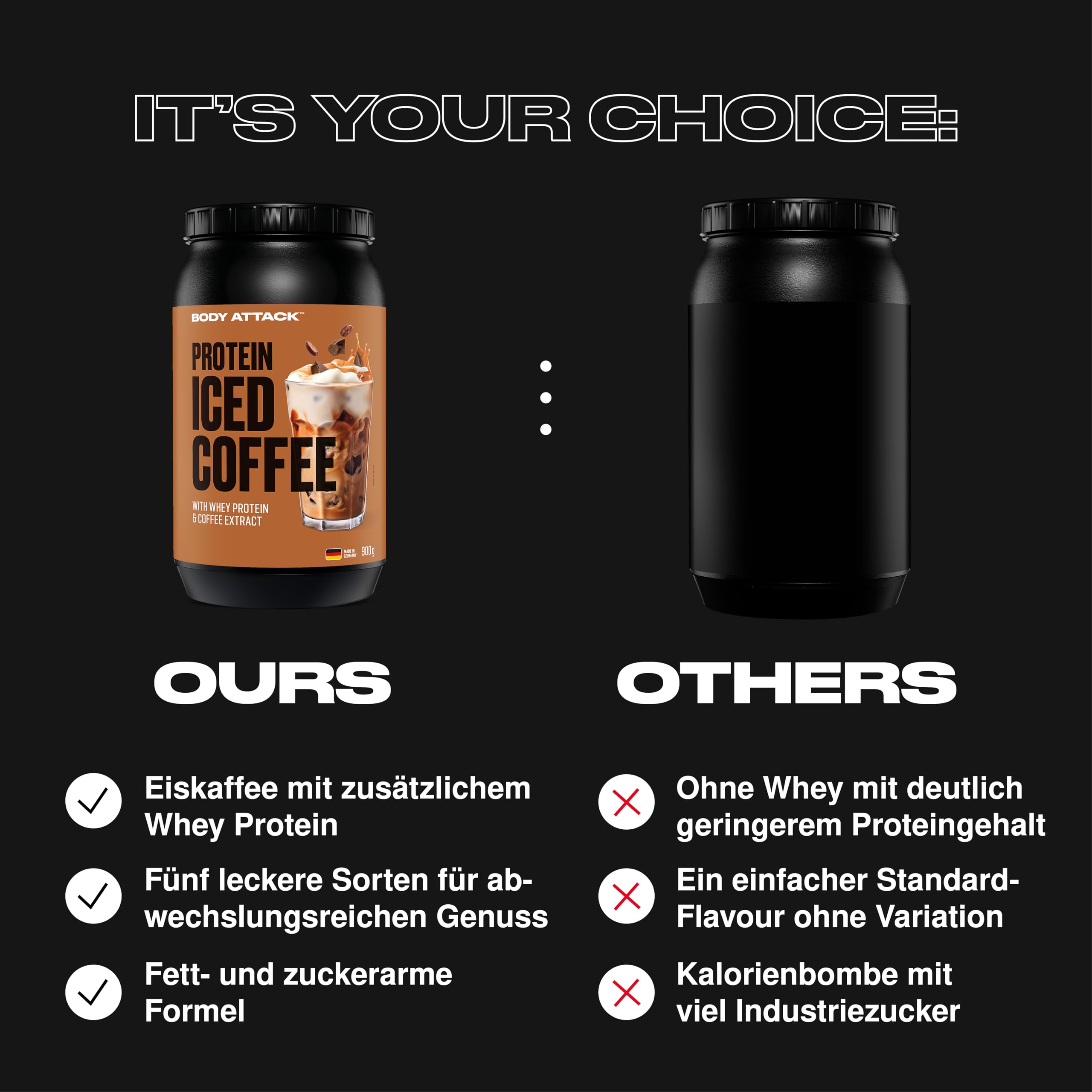 Body Attack Protein Iced Coffee Hazelnut Macchiato, 900 g - Whey Protein Pulver mit Kaffee Extrakt - Erfrischender Proteinshake mit Instantkaffee und Kakao - Mit Koffein, Made in Germany