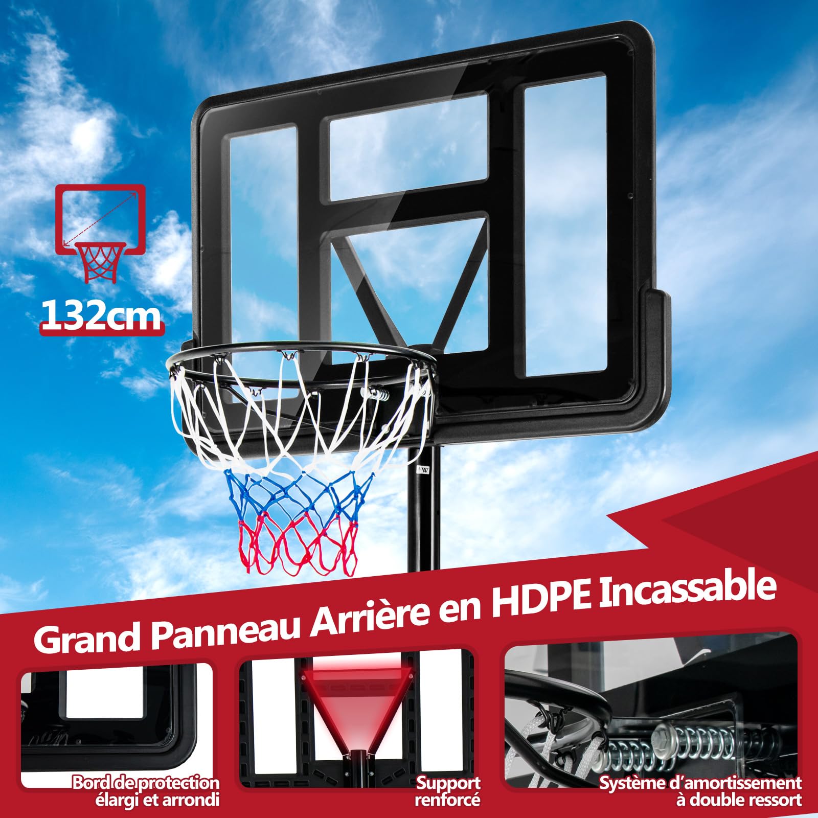 COSTWAY Panier de Basket Extérieur avec Hauteur Réglable 130-305 cm, Support de Basket sur Pied avec Panneau en HDPE et Filet, Base Remplissable & 2 Roues pour Adultes & Jeunes