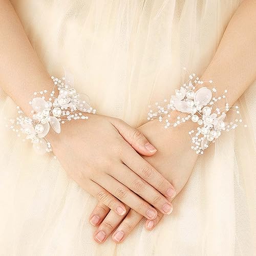 Campsis Pulsera de cristal de flores de boda con perlas para novia, dama de honor, comunión, muñeca para mujer (pulsera plateada)