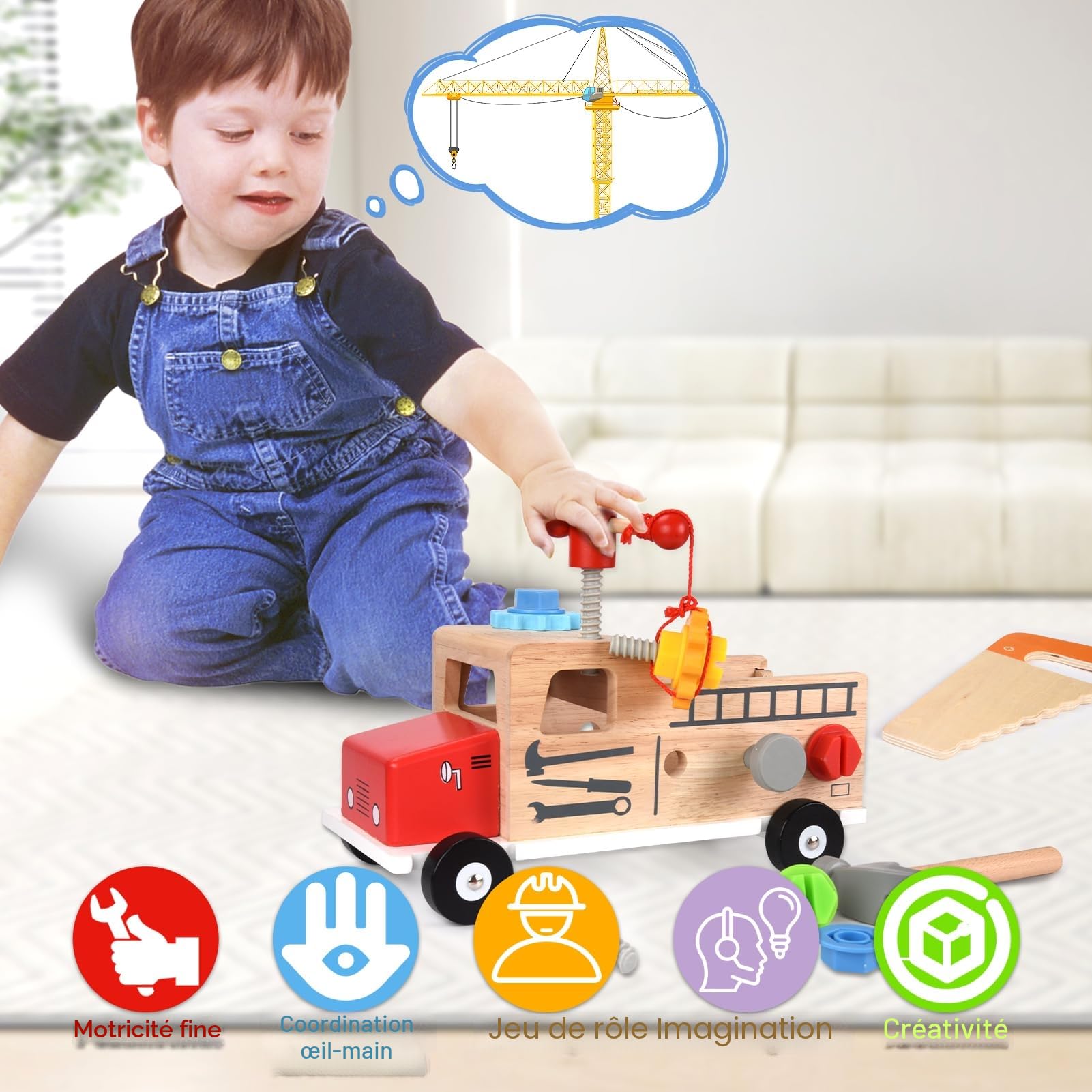 Coffret à Outils en Bois Montessori - Voiture Jouet Éducatif avec 30 Pièces, Jeu d'Imitation Bricolage pour Enfant, Cadeau Garcon Fille 2 3 4 Ans (Camion)