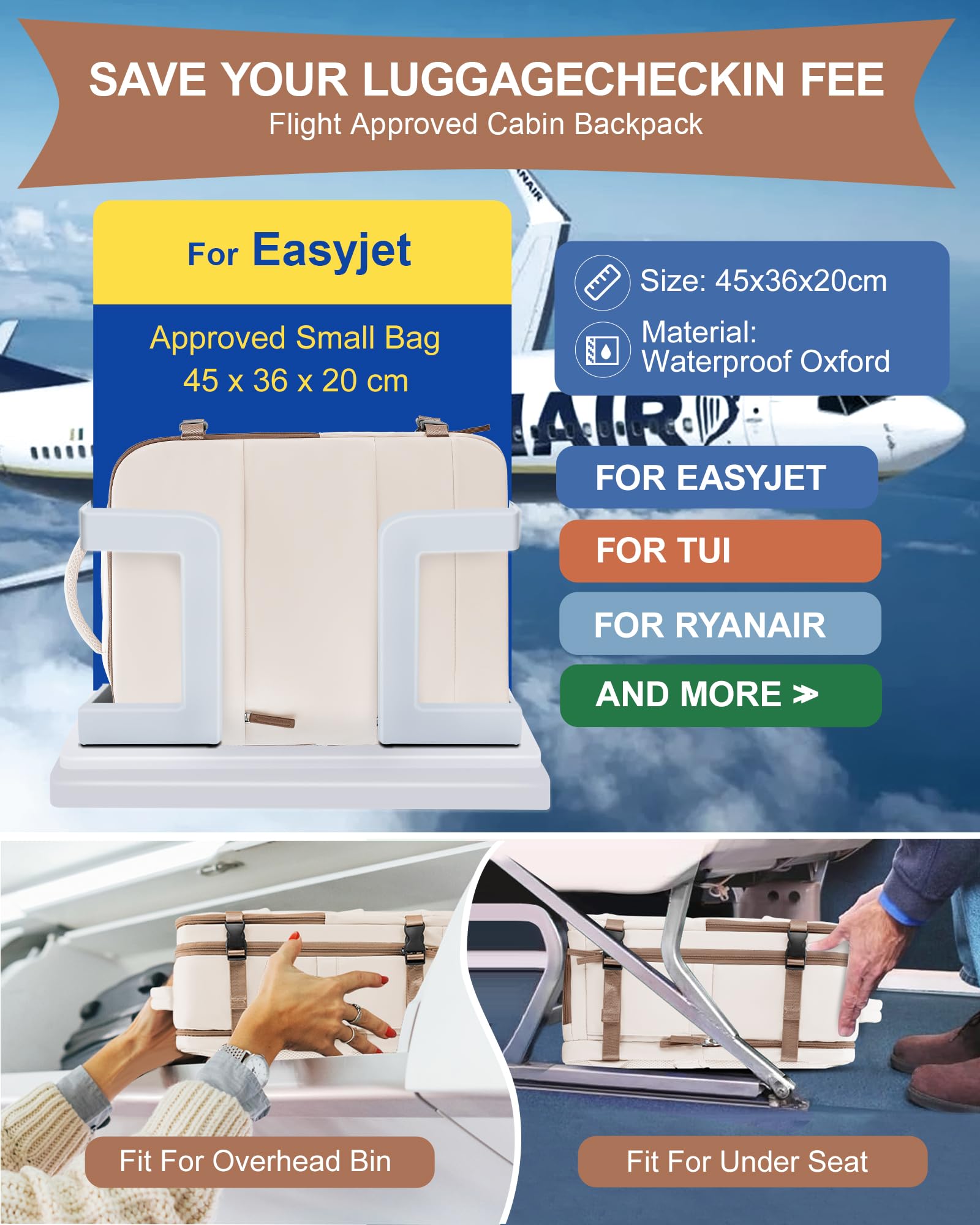 SZLX Zaino Ryanair 40x20x25 Donna Zaino da Viaggio 40x30x20 Sottovuoto con pompa Bagaglio a Mano Sottovuoto Uomo Borse da Cabina 45x36x20 Easyjet con scomparto per scarpe per Laptop da 14 Pollici