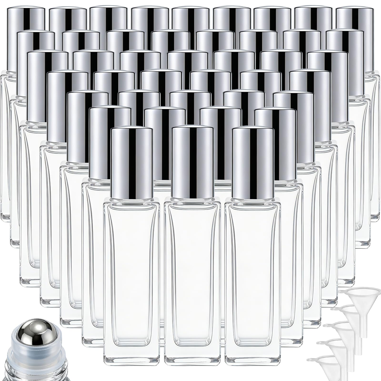 Rollerflaschen für ätherische Öle, 10 ml, Glasrollerflaschen mit Edelstahl-Rollkugeln, leere Flaschen, auslaufsicher, Roll-on-Flaschen mit 5 Trichtern für Reisen, Parfüm, ätherisches Öl