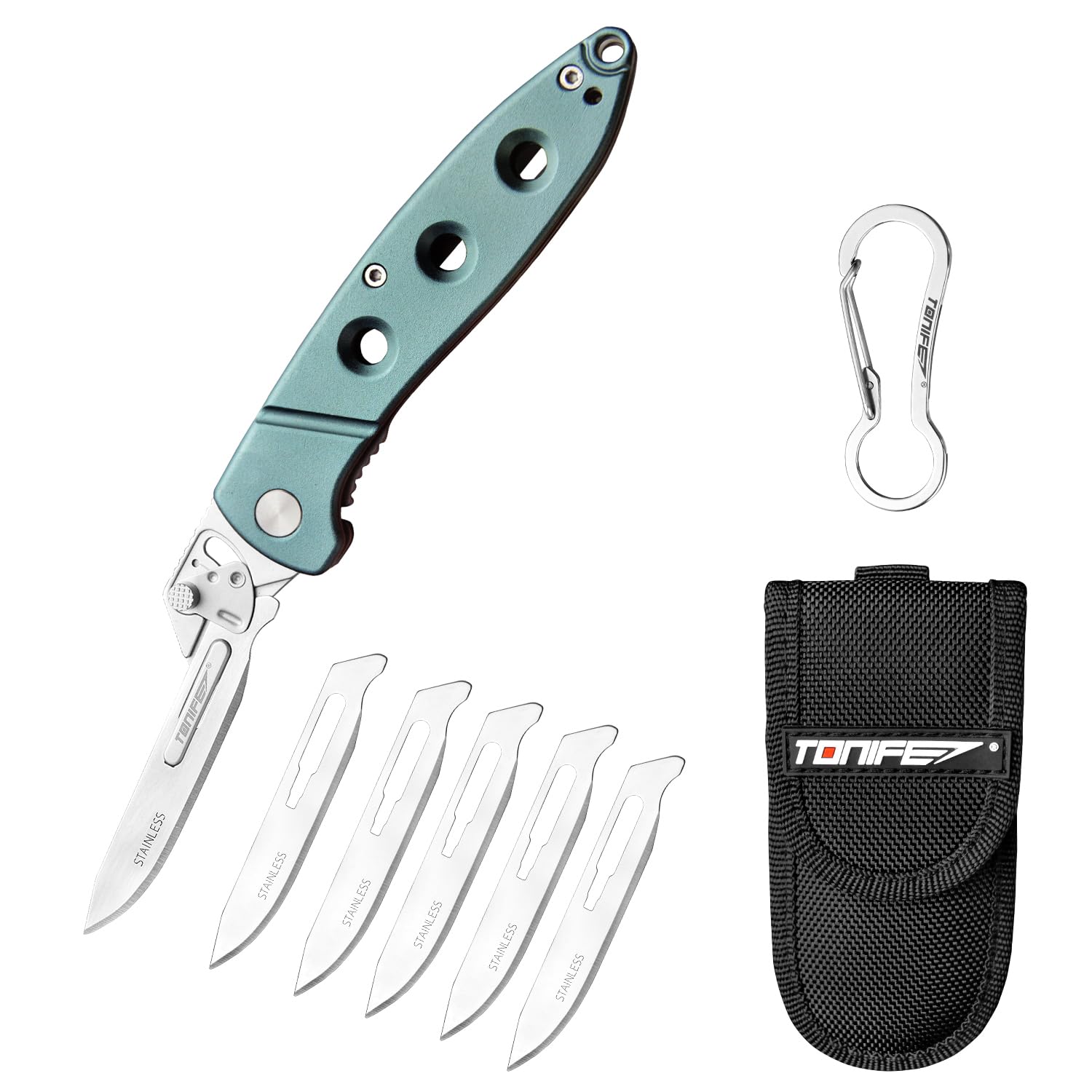 TONIFE Navaja de Bolsillo, EDC cuchillo plegable con clip de bolsillo Mosquetón Funda de nylon y 5 hojas intercambiables, para la supervivencia al aire libre Pesca Senderismo (Cian)